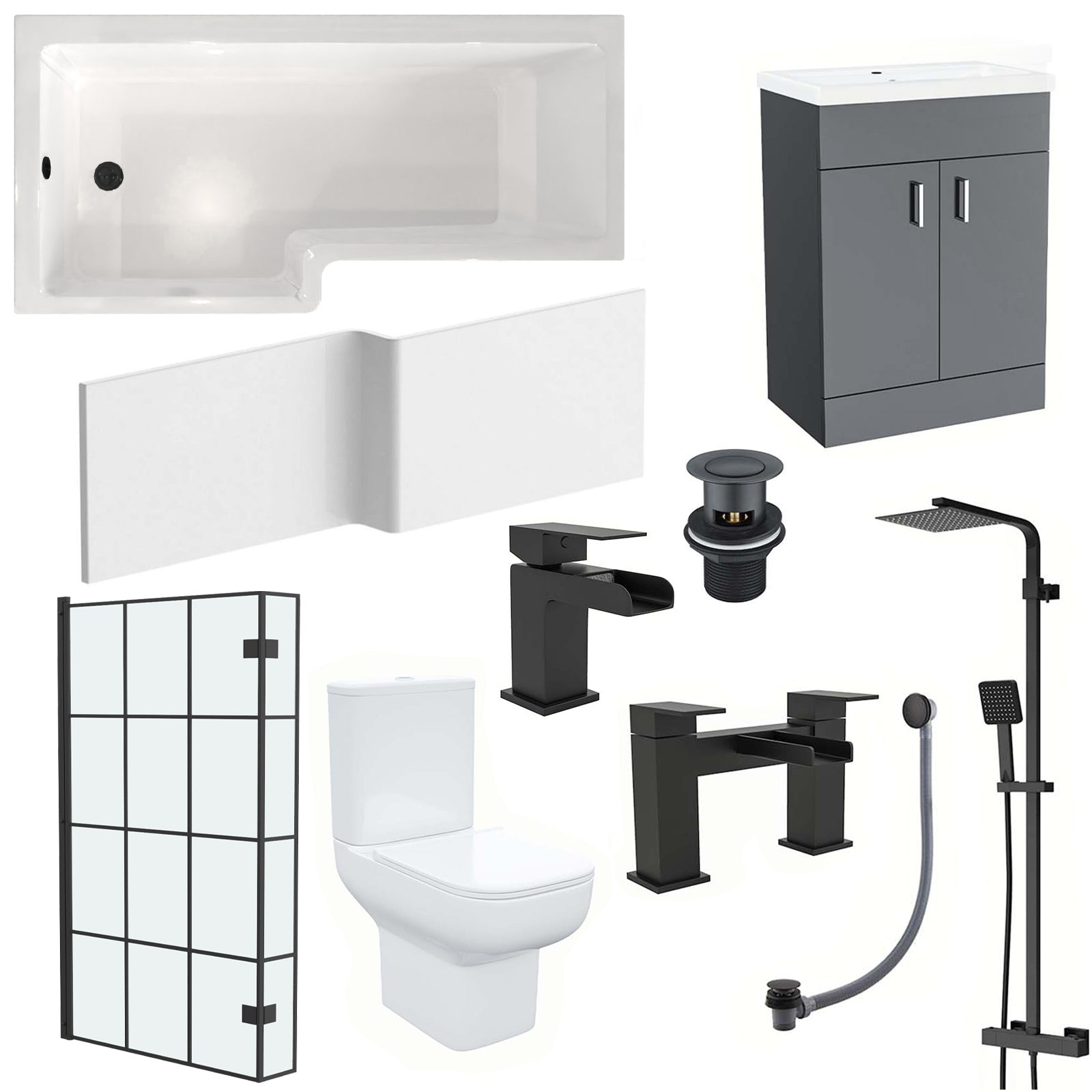 Nanuya L-Shaped LH Bath Shower Dark Grey Basin Vanity Toilet Matte Black Taps