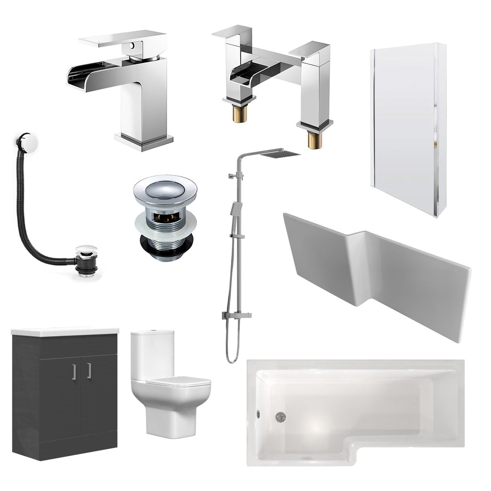 Nanuya White L-Shaped LH Shower Bath & Basin BTW Toilet Vanity With Taps