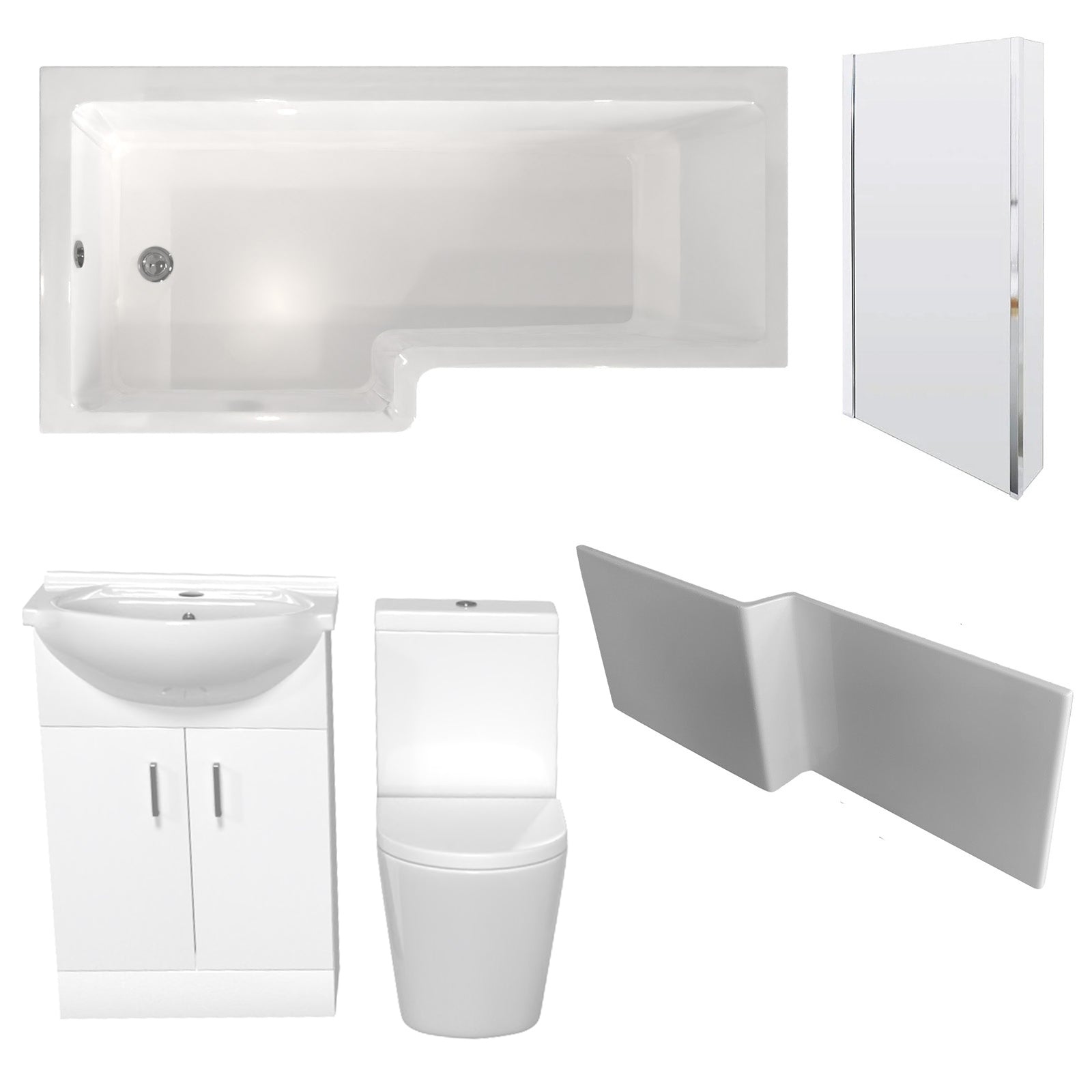Ellen L-Shaped LH Shower Bath, White Basin Vanity Unit Closed Coupled Toilet