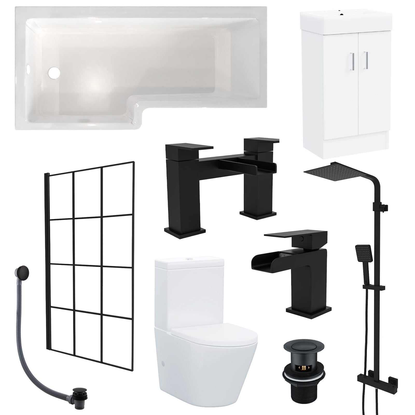 Nanuya L-Shaped LH Shower Bath Basin White 450mm Vanity Toilet Matte Black Taps Set