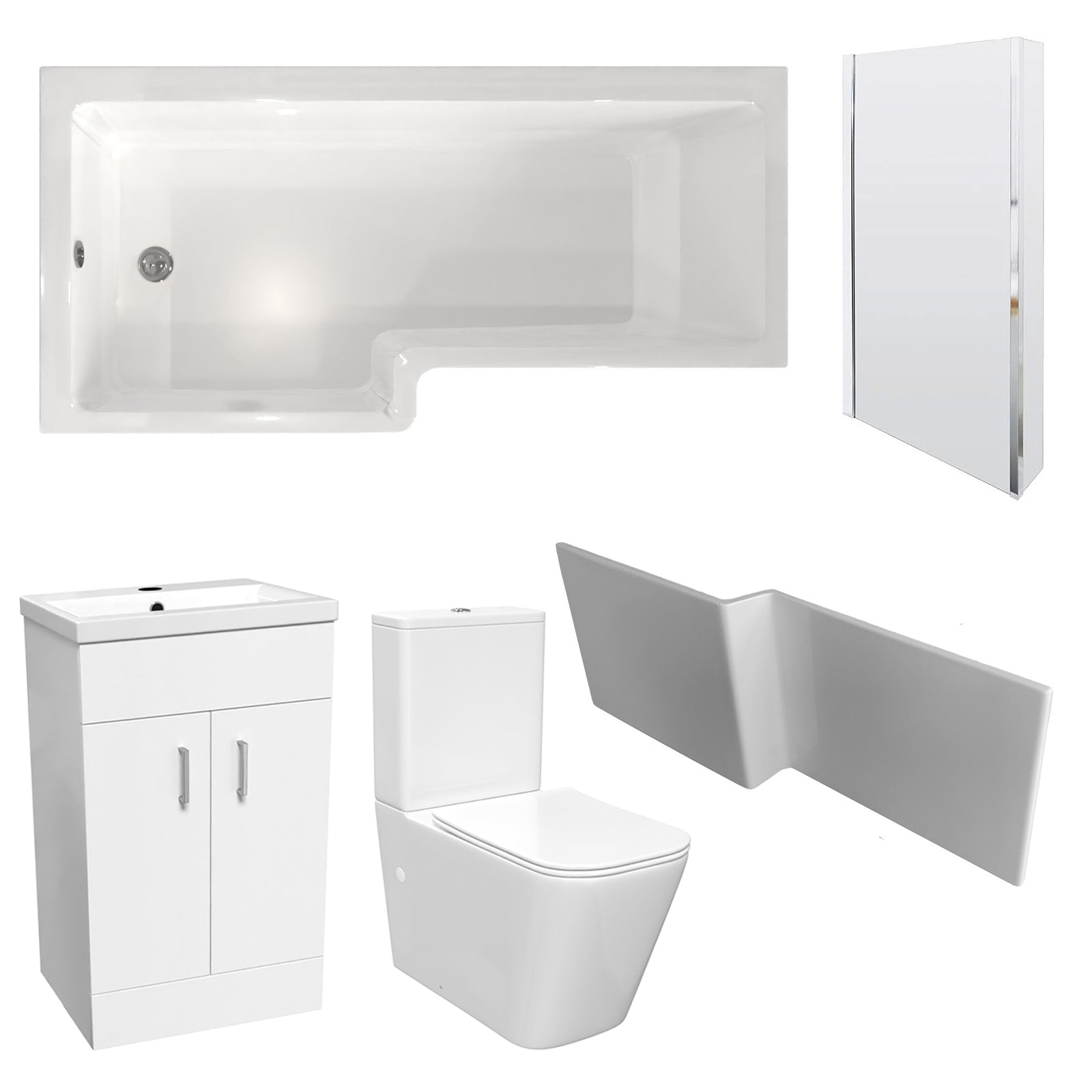 Nanuya L-Shaped Left Hand Shower Bath, White Basin Vanity Unit & Close Coupled Toilet
