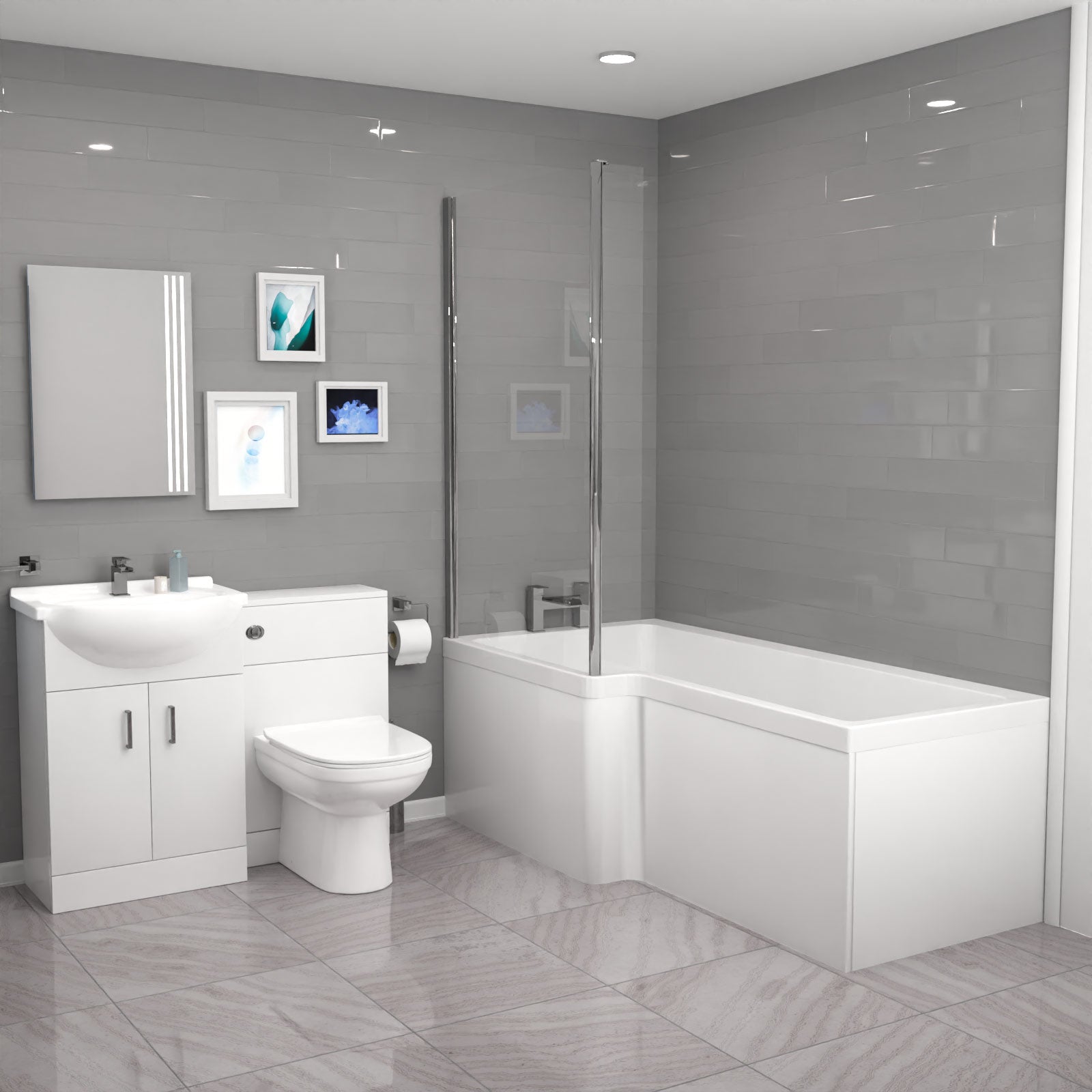 Ellen L-Shaped Shower Bath with Vanity Unit, WC Unit & Toilet