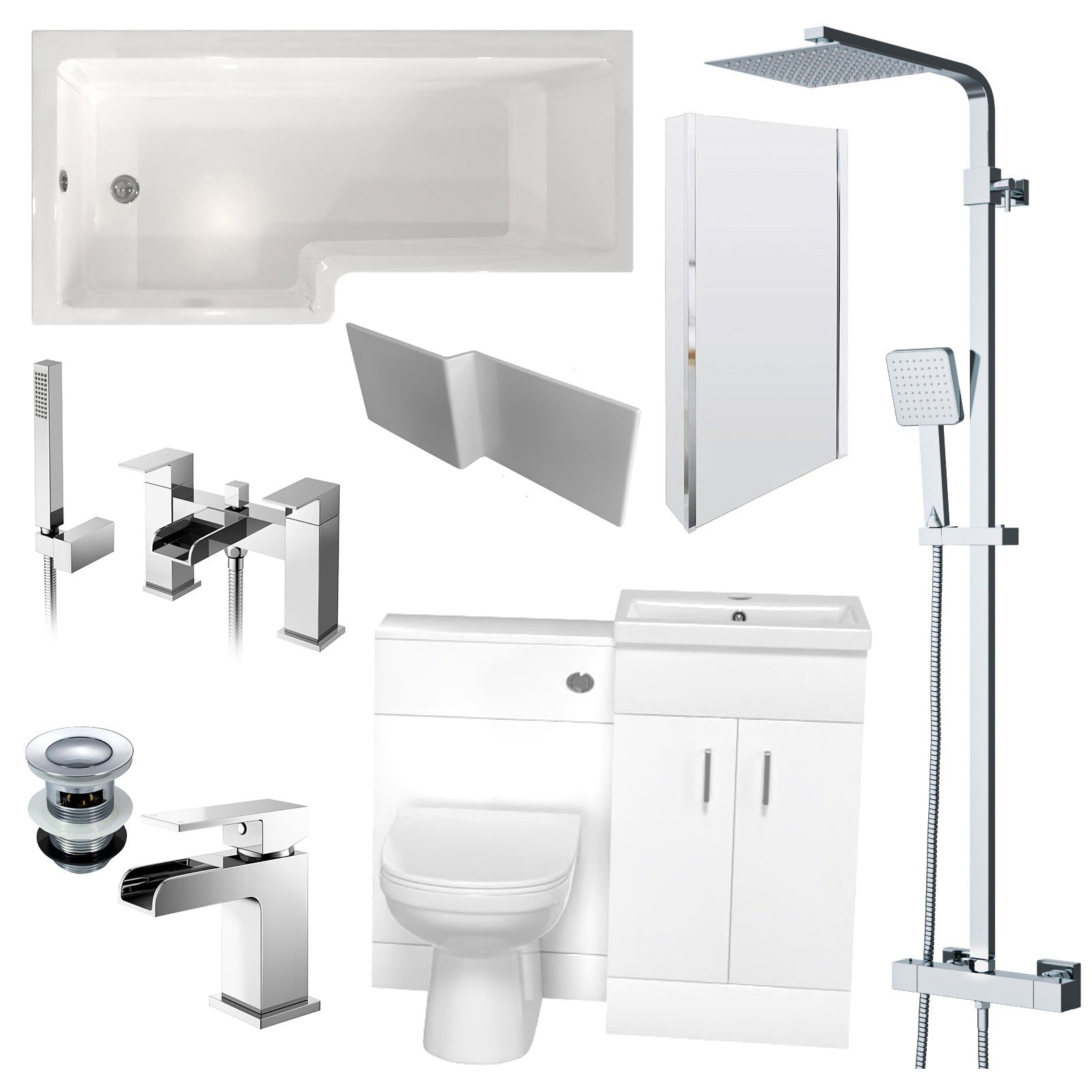 Nanuya L-Shaped LH Bath, Exposed Shower, White Basin Vanity, Taps, BTW Toilet