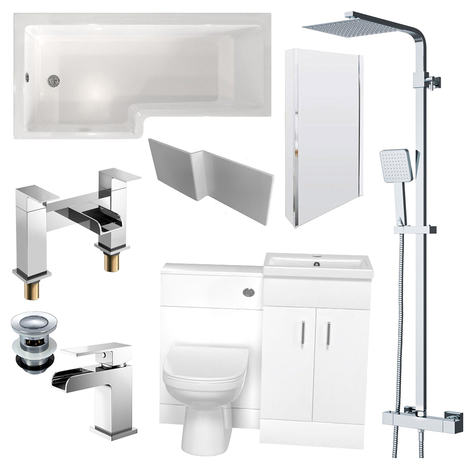 Nanuya L-Shaped Shower Bath with Vanity Unit & Toilet, Taps & Shower