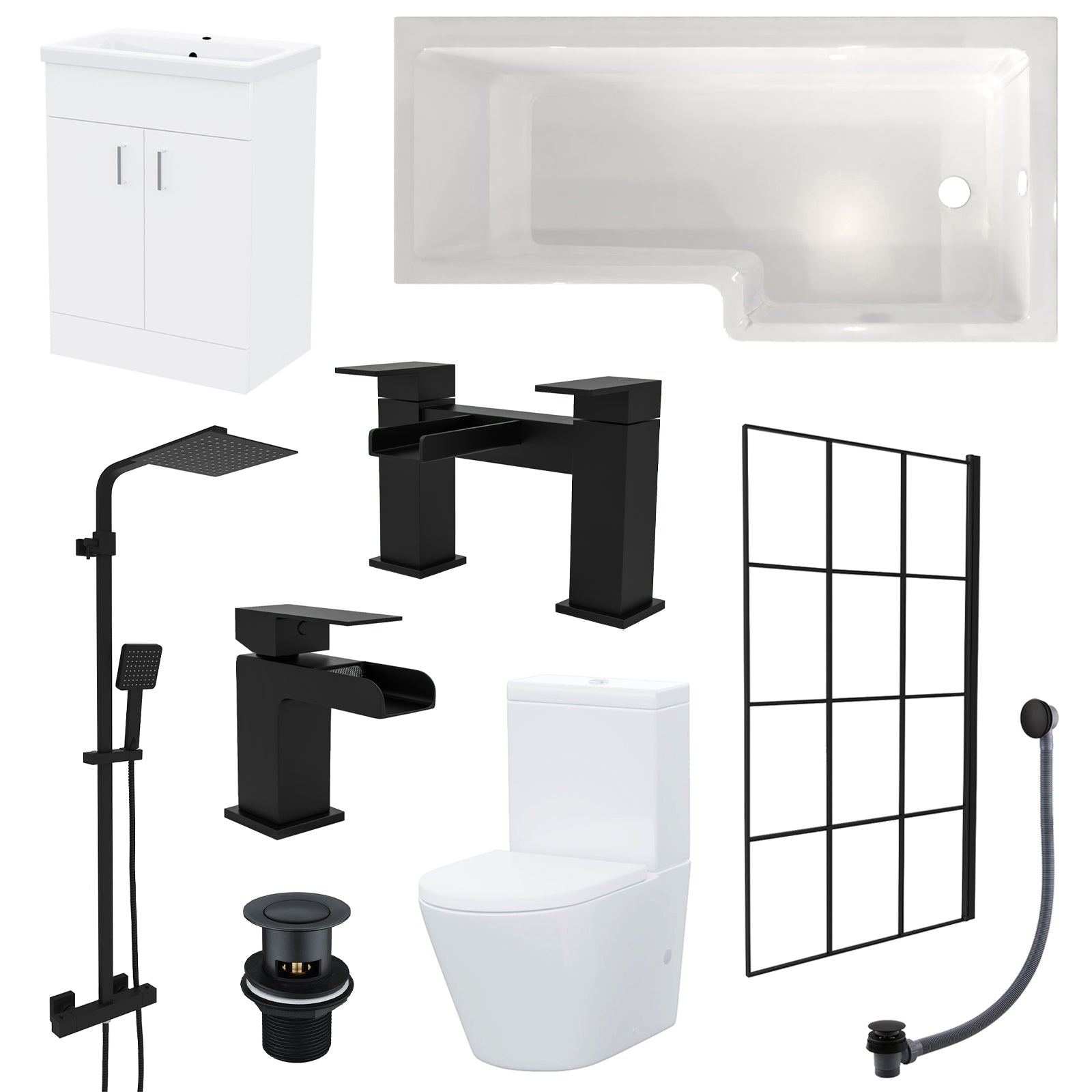 Nanuya L-Shaped RH Shower Bath Basin Vanity Toilet Set Matte Black Taps