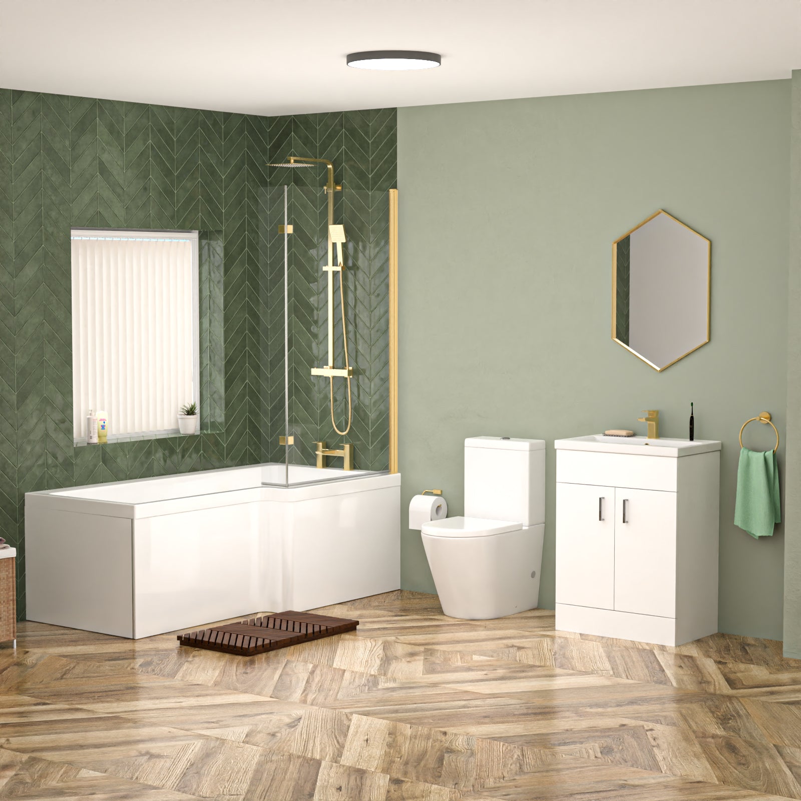 Nanuya L-Shaped RH Shower Bath Basin Vanity Toilet Set Brushed Brass Taps