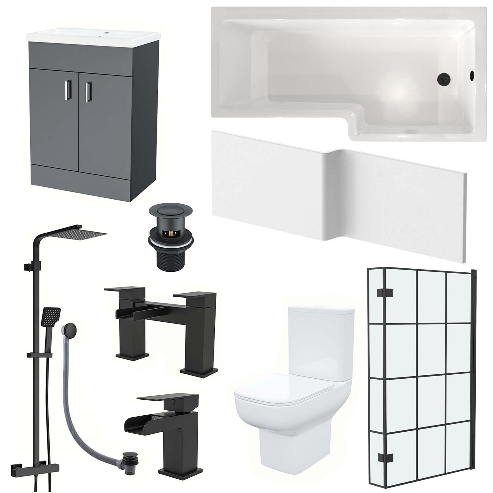 Nanuya L-Shaped RH Bath Shower Dark Grey Basin Vanity Toilet Matte Black Taps
