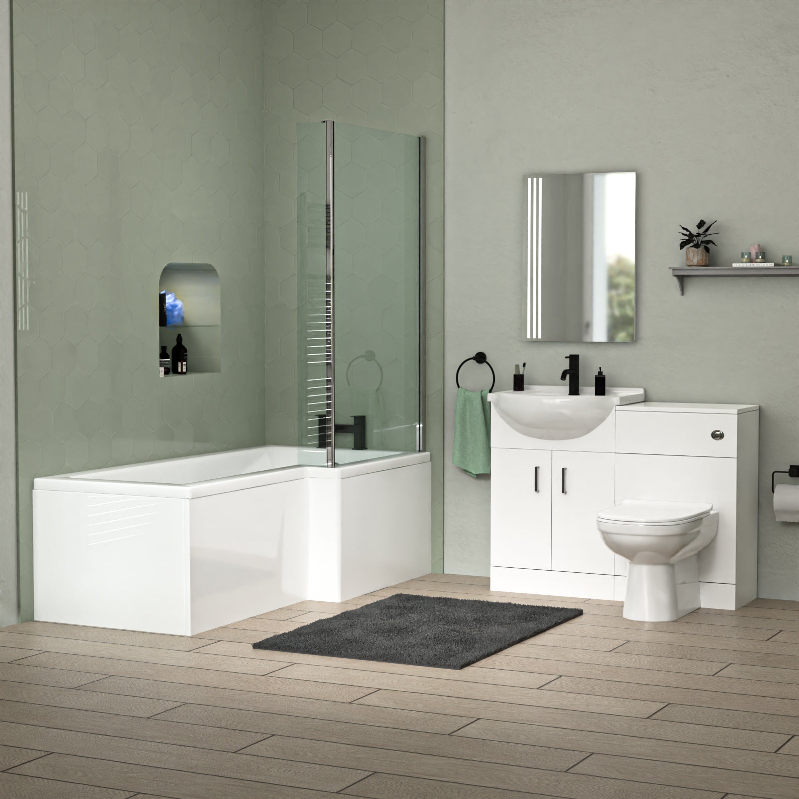 Ellen L-Shaped RH Shower Bath, White Basin Vanity Unit with WC & BTW Toilet