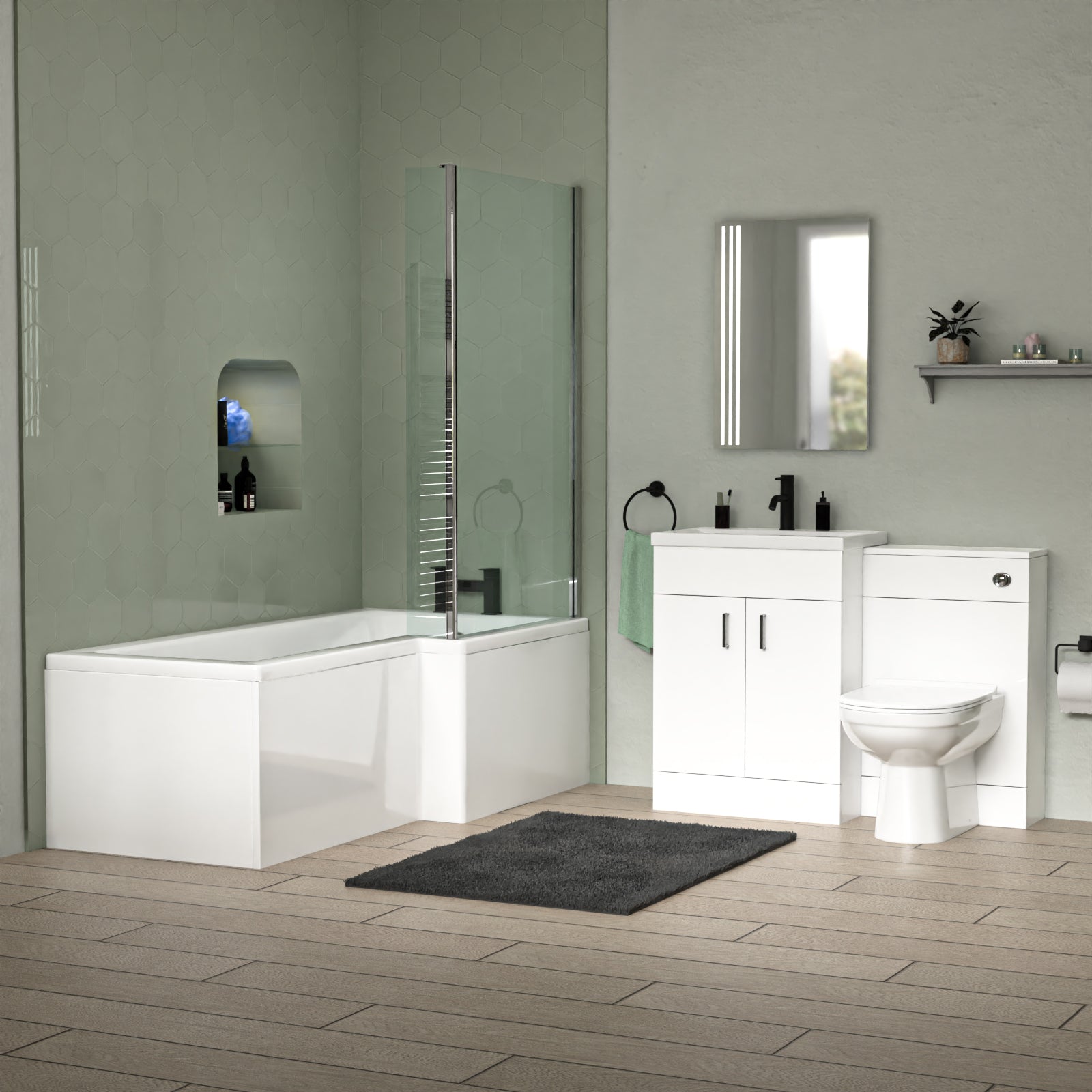 Nanuya L-Shaped Shower Bath with Vanity Unit & Toilet, Taps & Shower