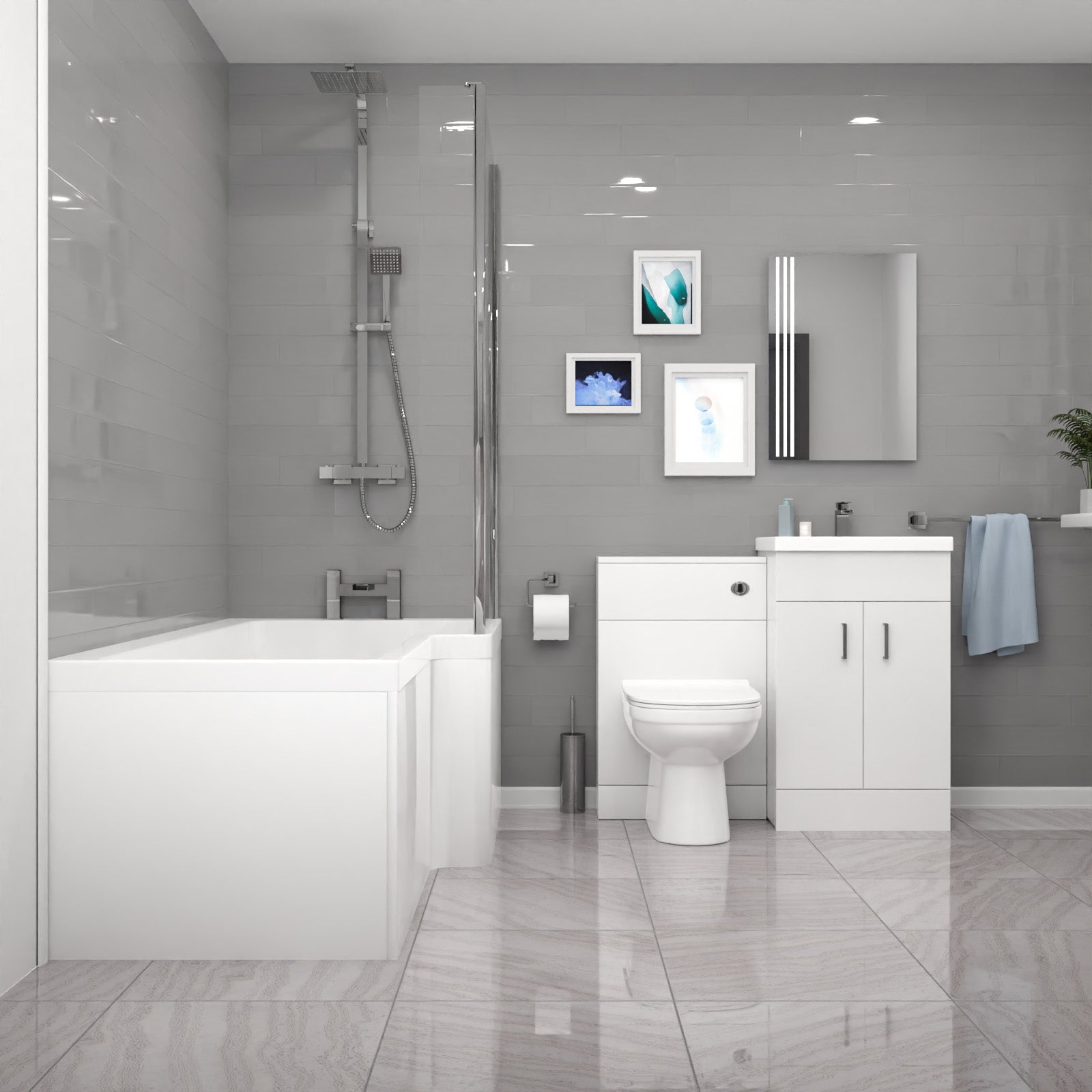 Nanuya L-Shaped RT Bath, Exposed Shower, White Basin Vanity, Taps, BTW Toilet