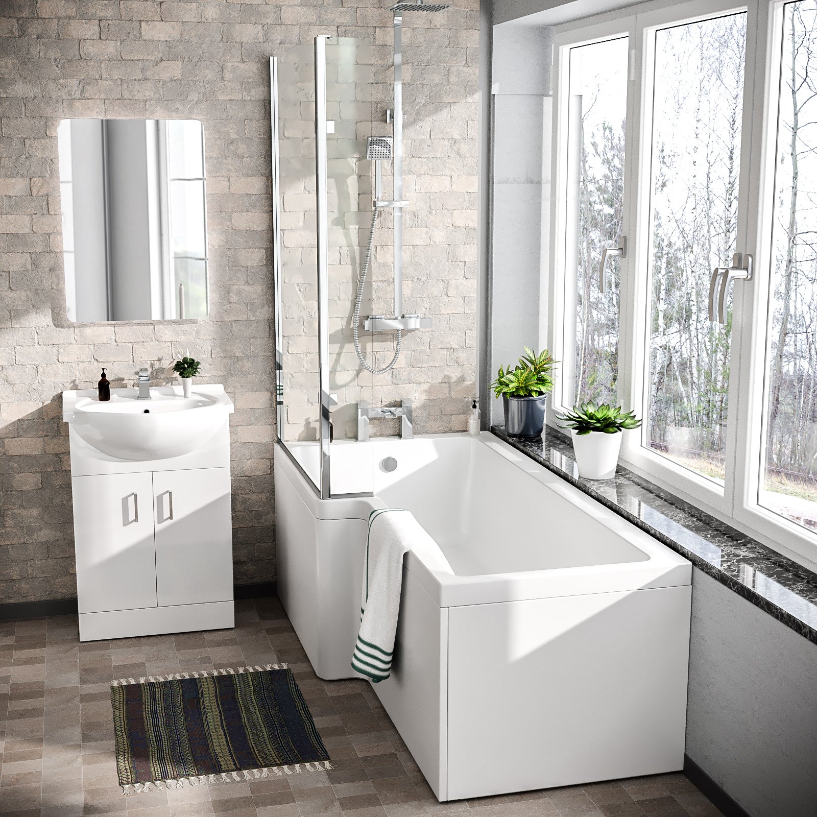 Ellen L-Shaped Left Hand Side Bath Set, Front Panel, Bath Screen, Rimless Open Back CC Toilet, 550mm Floor Standing Vanity Unit White, Taps & Shower