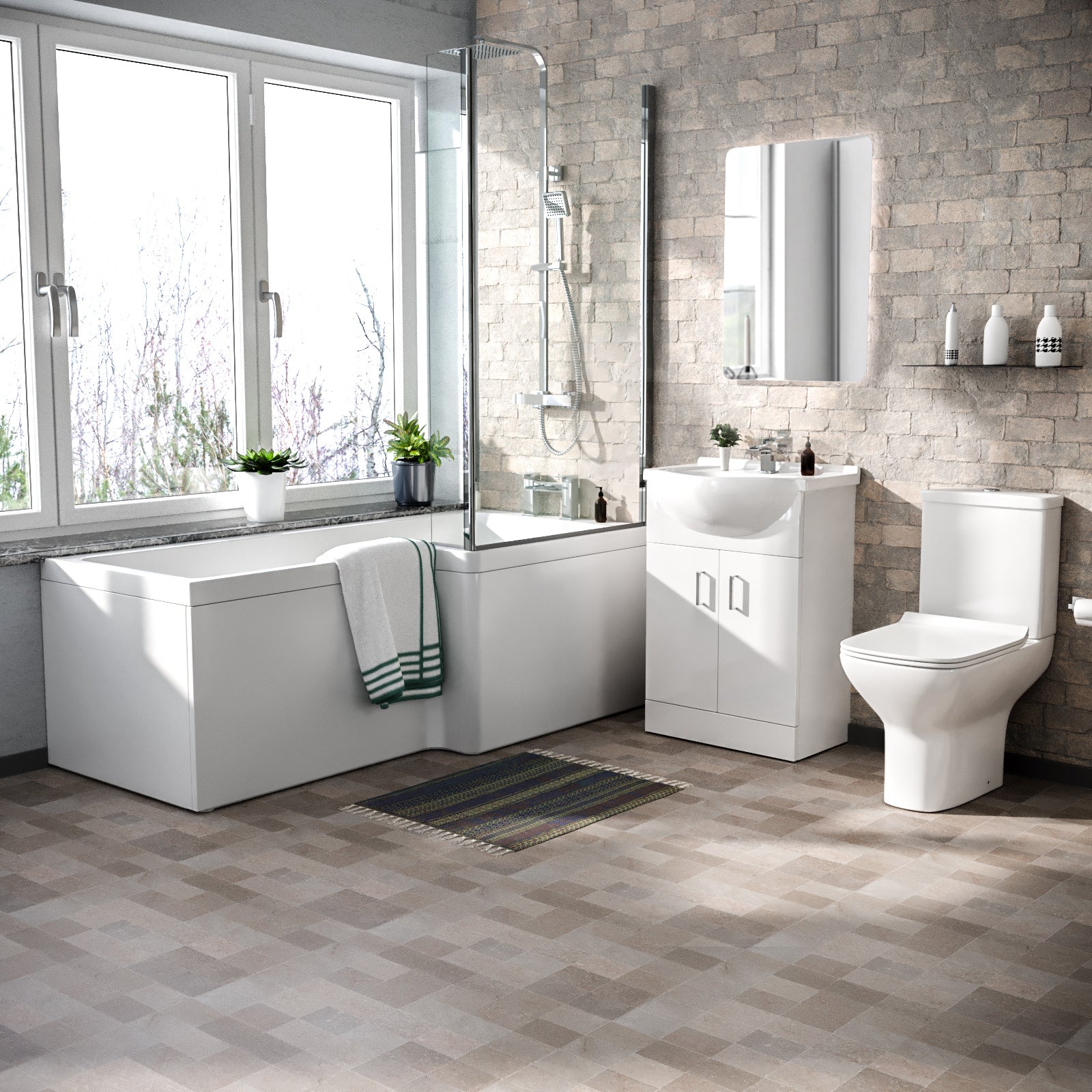 Ellen L-Shaped Shower Bath with Vanity Unit, Rimless Toilet, Taps & Shower