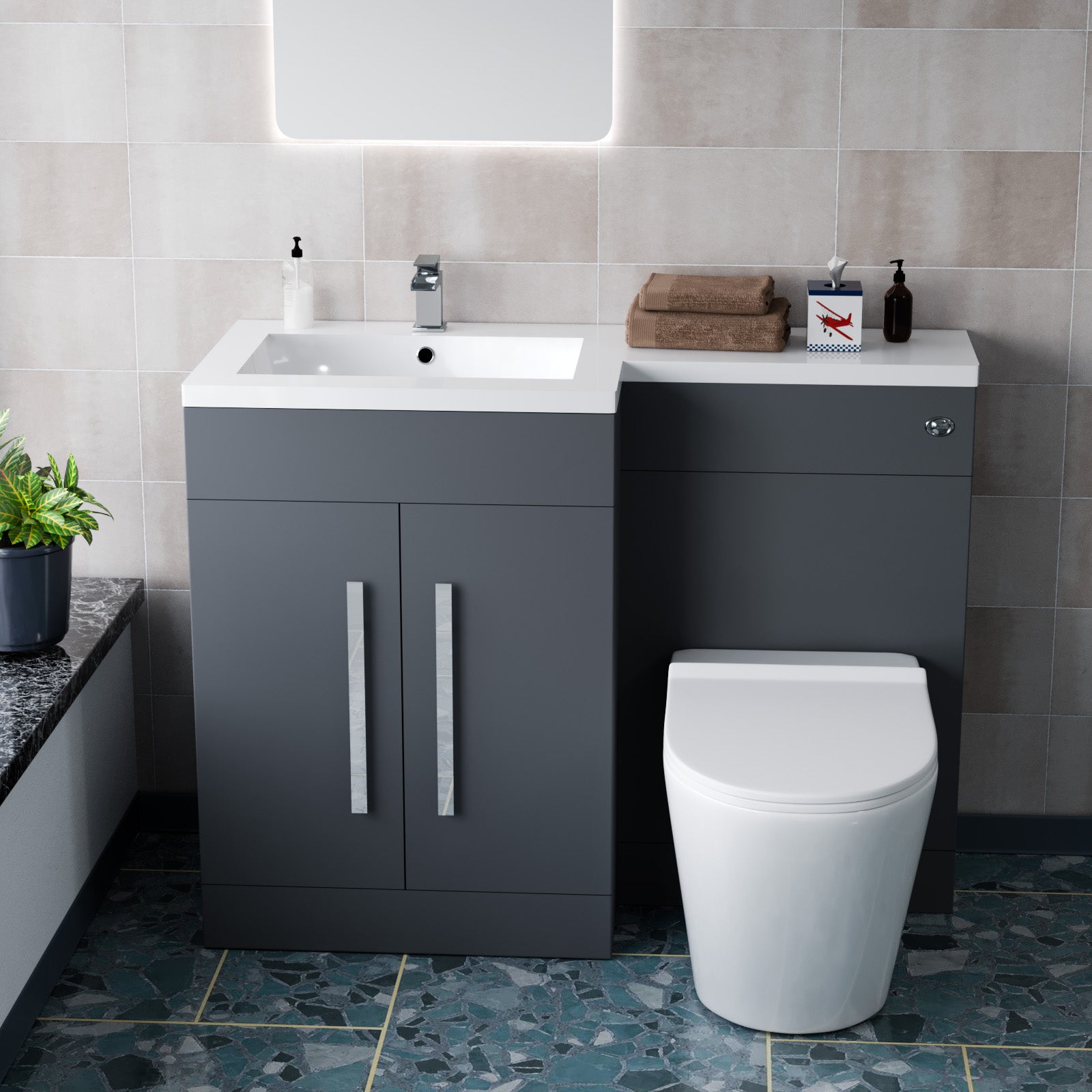 1100mm LH Dark Matte Grey Basin Vanity WC Unit & Back To Wall Toilet