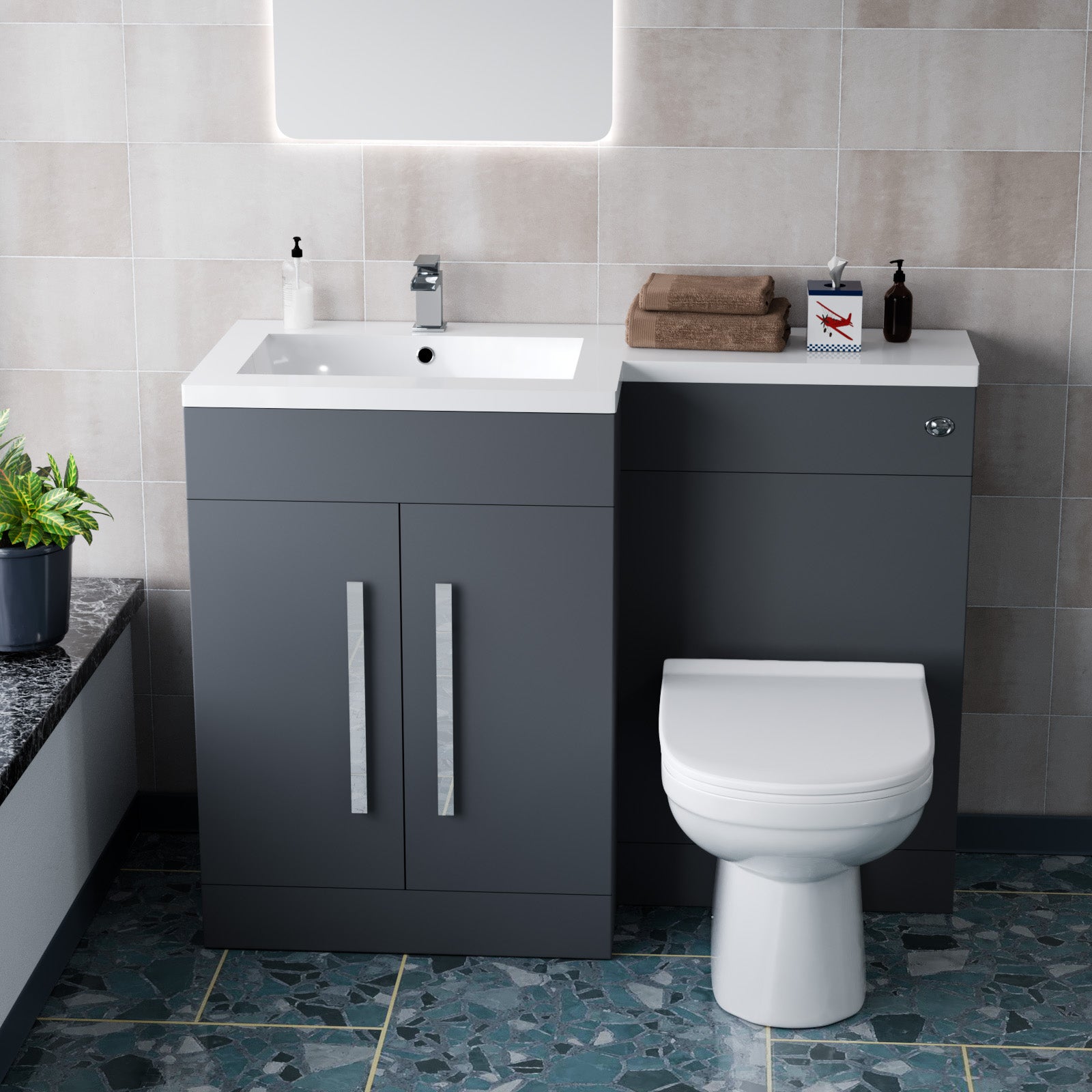 1100mm Left Hand Dark Matte Grey Basin Vanity WC Unit & Toilet Set