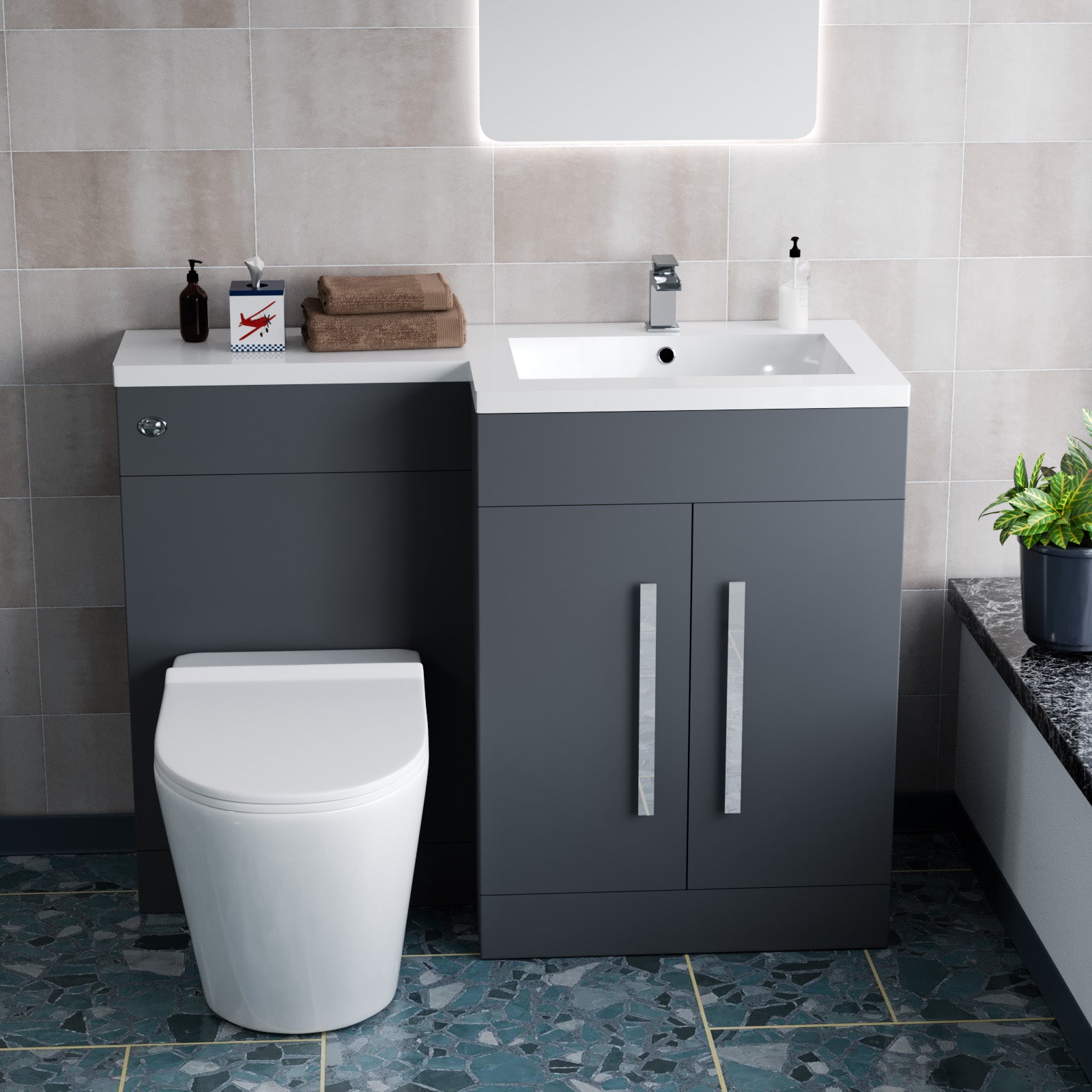 1100mm RH Dark Matte Grey Basin Vanity WC Unit & Back To Wall Toilet