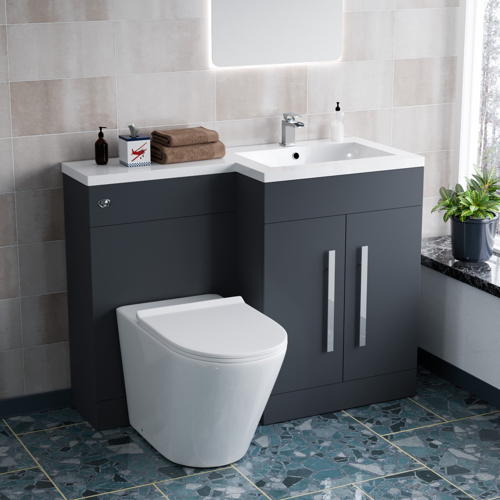 1100mm RH Dark Matte Grey Basin Vanity WC Unit & Back To Wall Toilet
