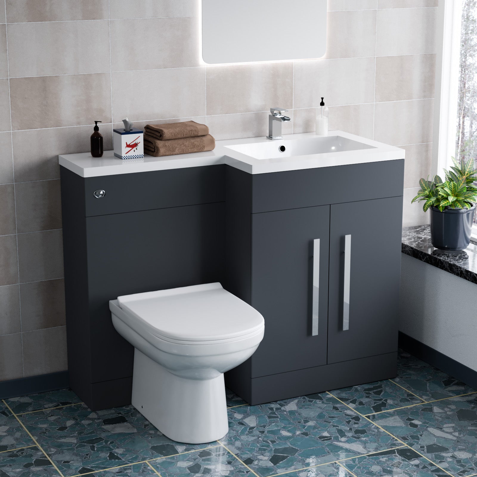 1100mm Right Hand Dark Matte Grey Basin Vanity WC Unit & Toilet
