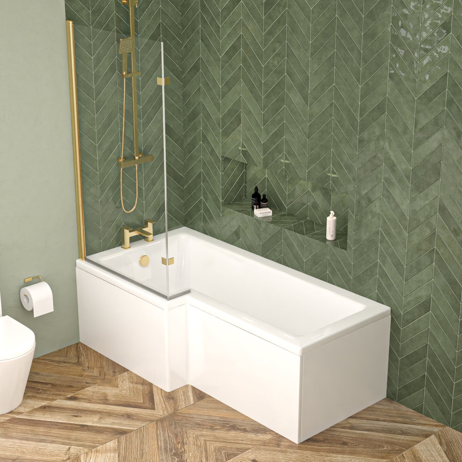 Left hand L Shaped Shower Bath With Front & End Panel and Brushed Brass Screen