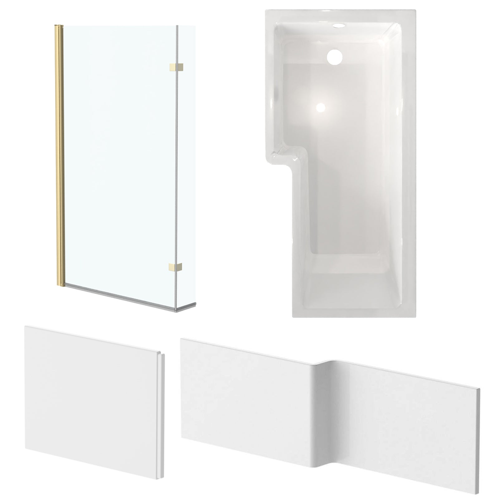 Left hand L Shaped Shower Bath With Front & End Panel and Brushed Brass Screen