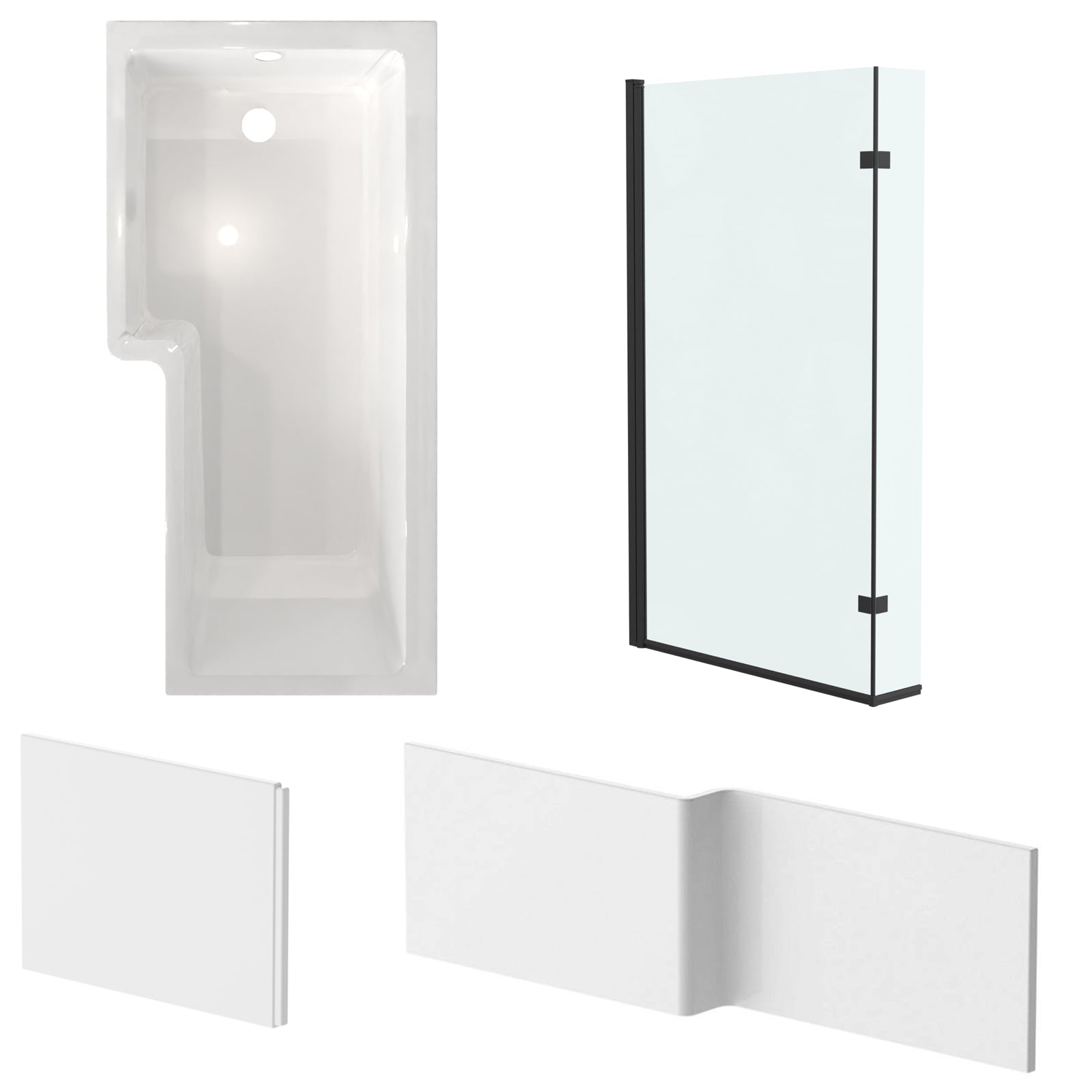 Left L Shaped Shower Bath With Front End Panel & Matte Black Screen
