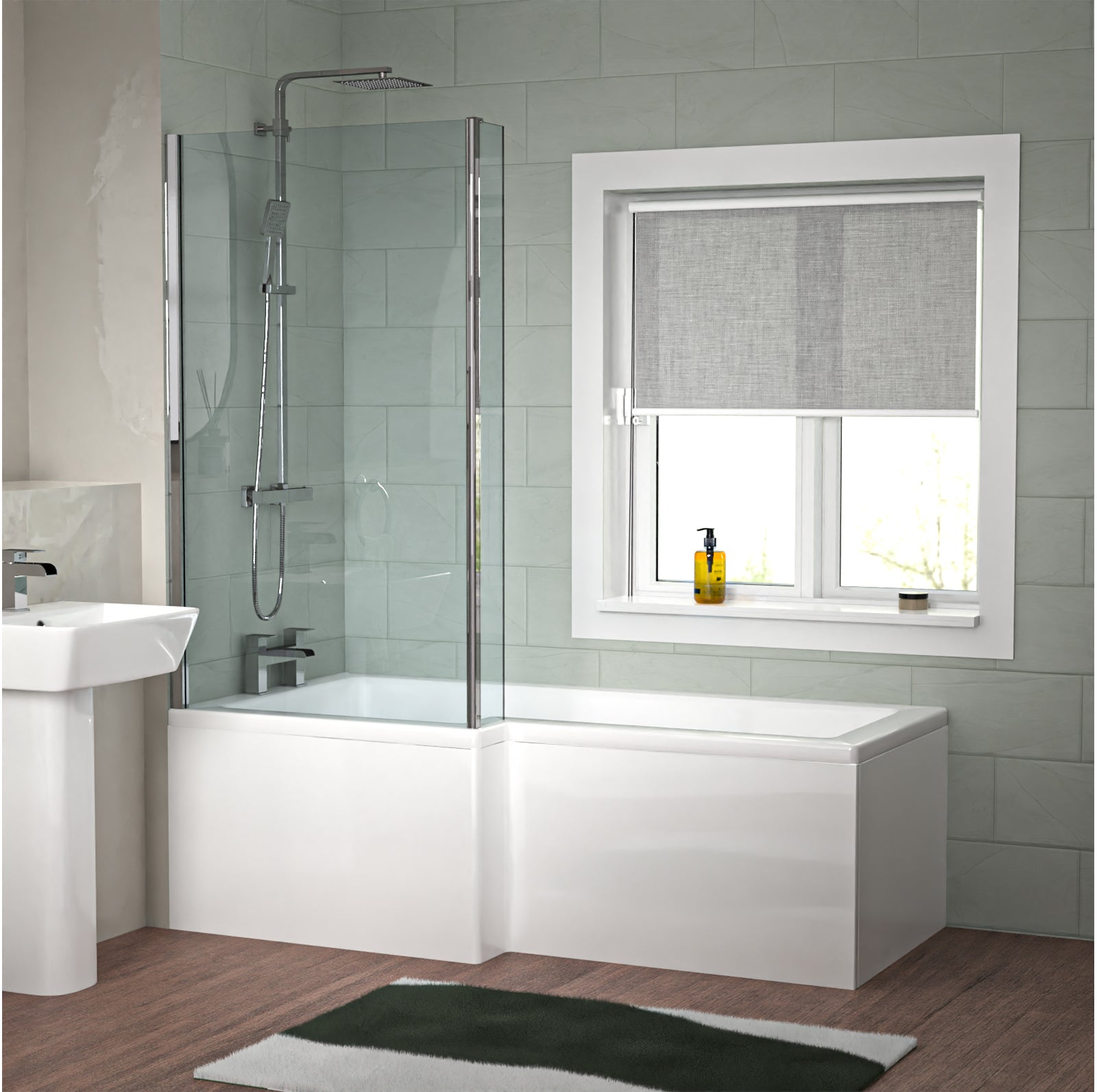 1700 x 850mm Left Hand L Shaped Shower Bath With Hinged Shower Screen