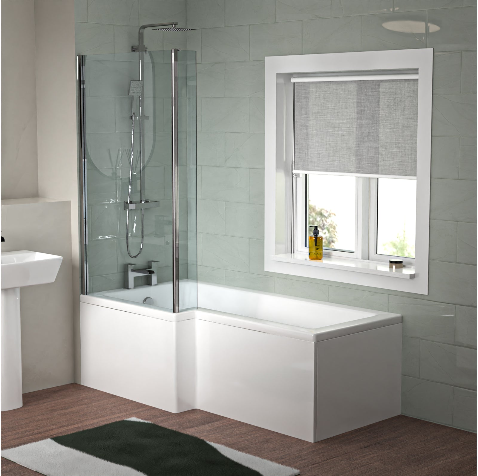 1700 x 850mm Left Hand L Shaped Shower Bath With Hinged Shower Screen