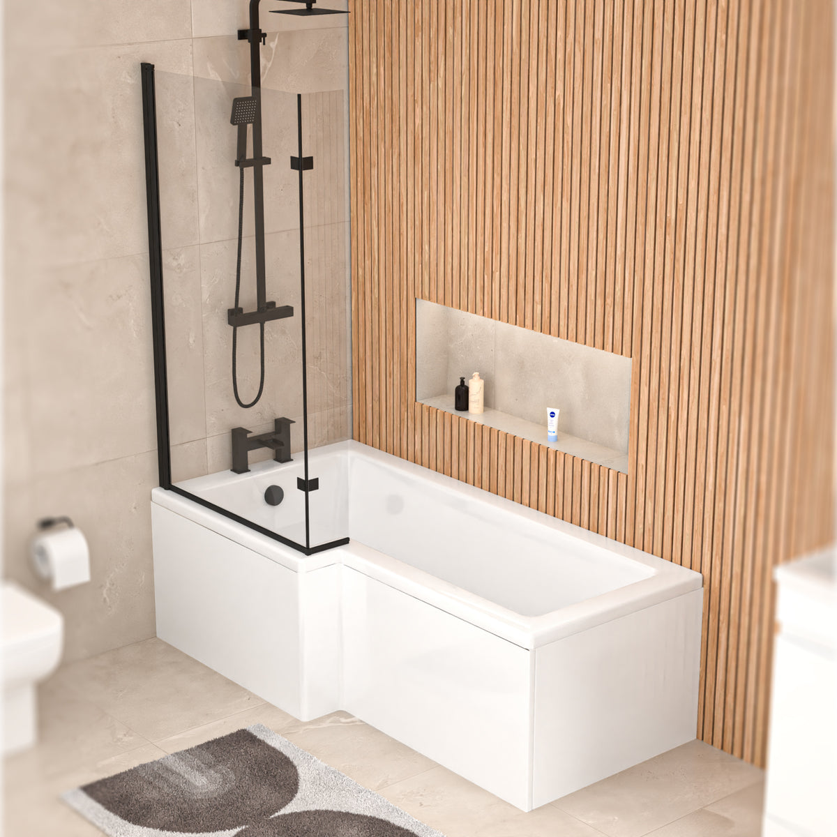 1700mm Left Hand L Shaped Shower Bath With Front Panel & Matte Black Screen