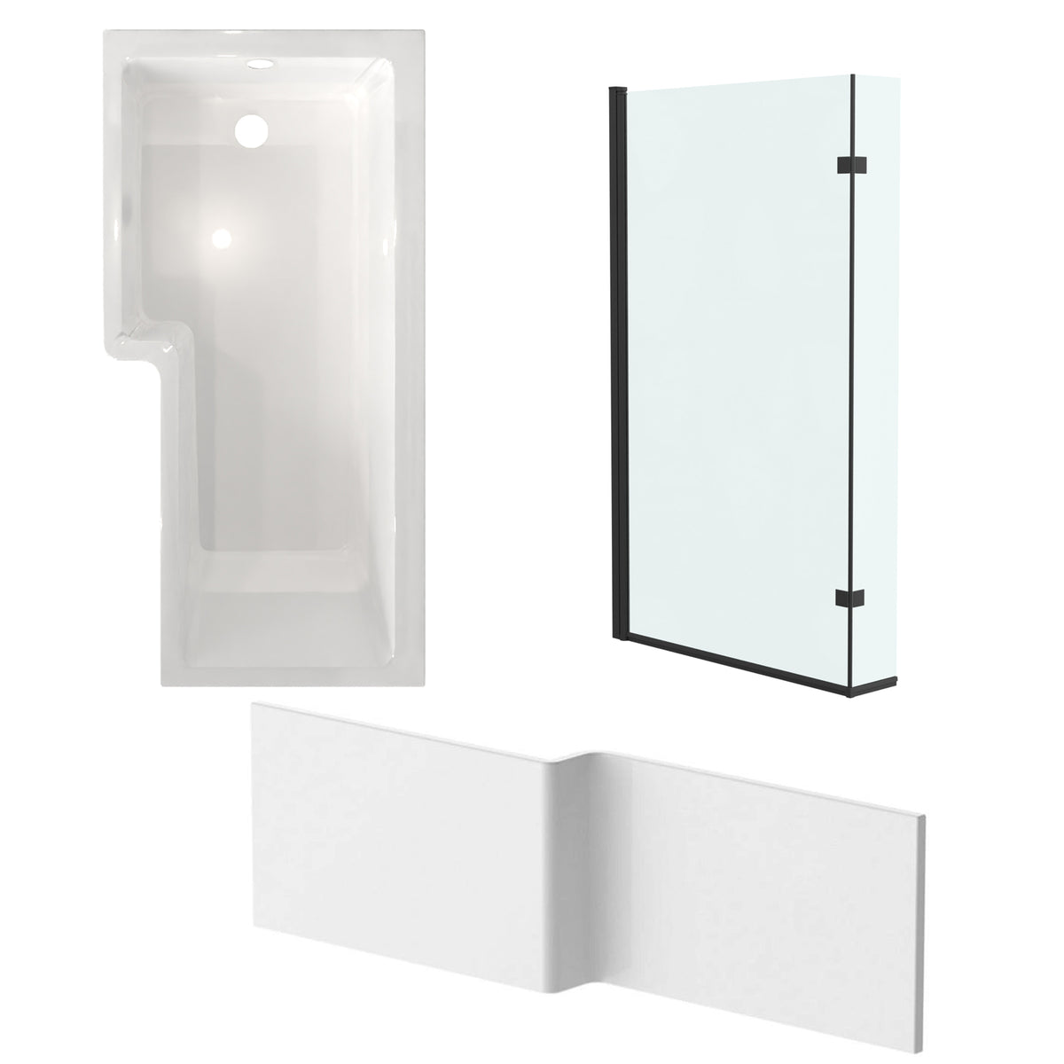 1700mm Left Hand L Shaped Shower Bath With Front Panel & Matte Black Screen