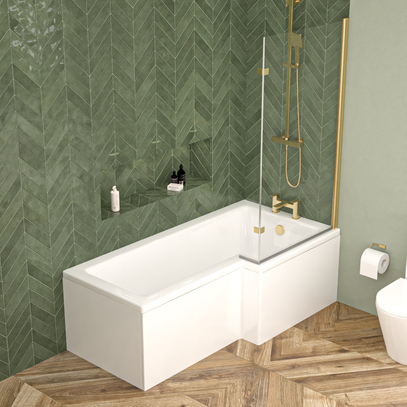 Right Hand L Shaped Shower Bath With Front Panel & Brushed Brass Screen