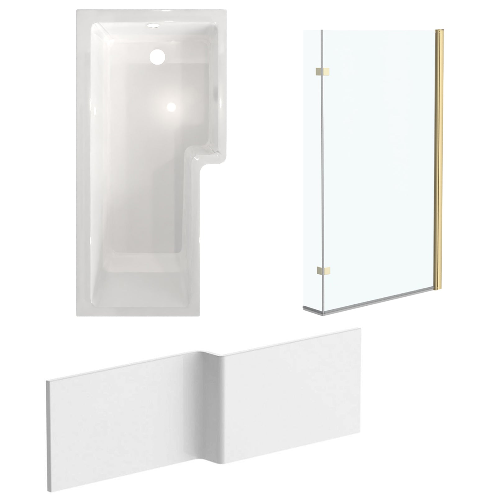 Right Hand L Shaped Shower Bath With Front Panel & Brushed Brass Screen