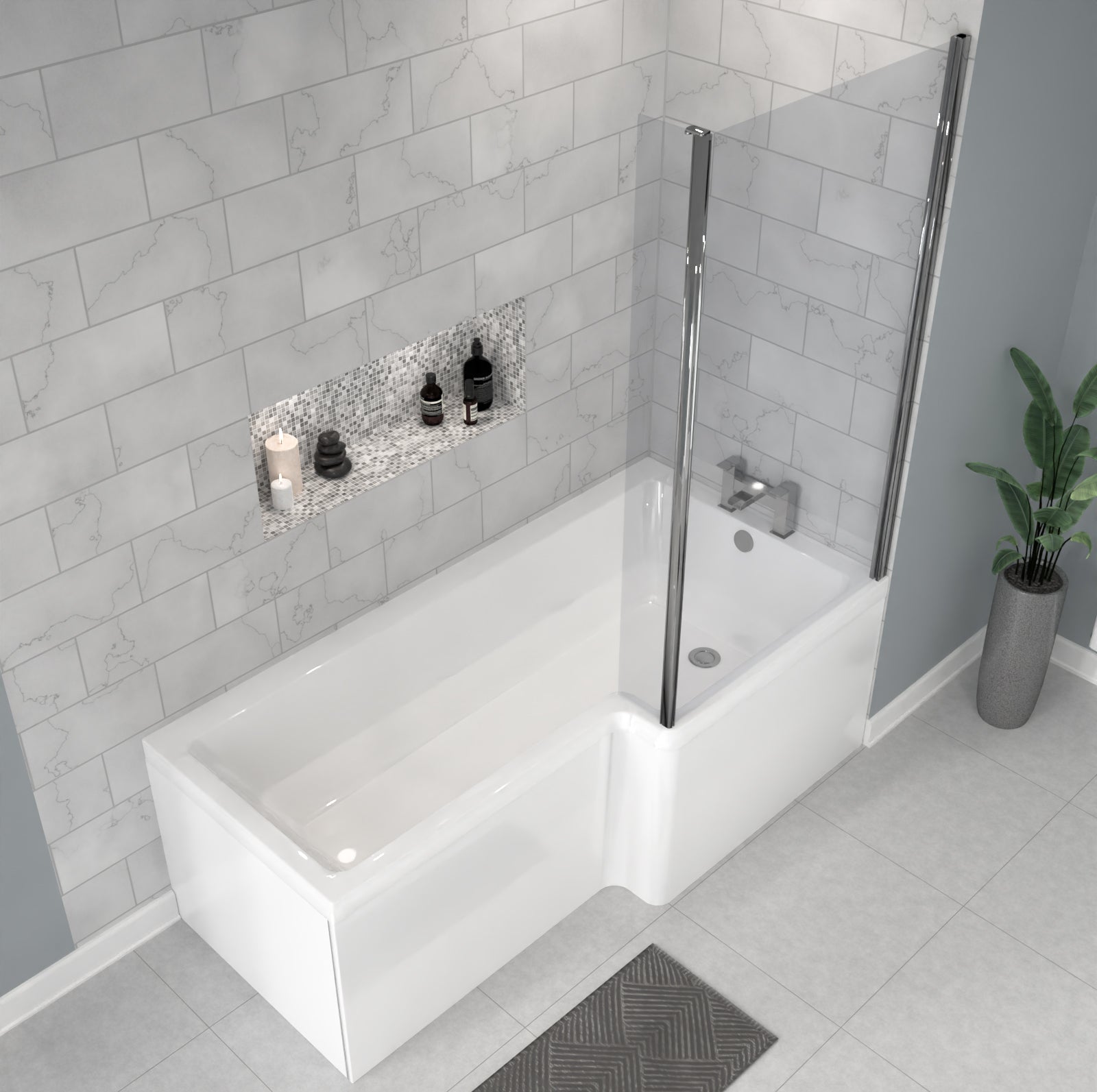 1700 x 850mm Right Hand L Shaped Shower Bath With Front End Panel & Hinged Shower Screen