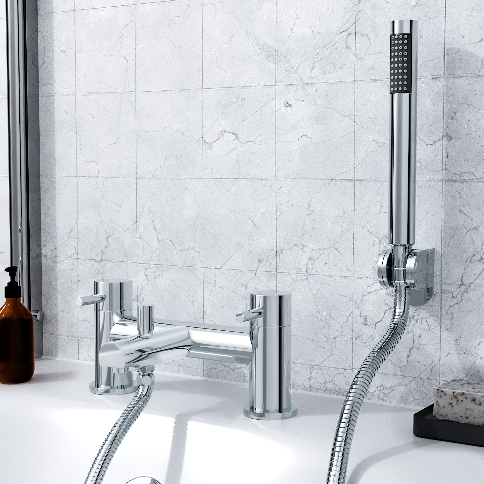 Kyic Modern Bridge Deck Mounted Bath Filler Shower Mixer Tap With Handheld Kit