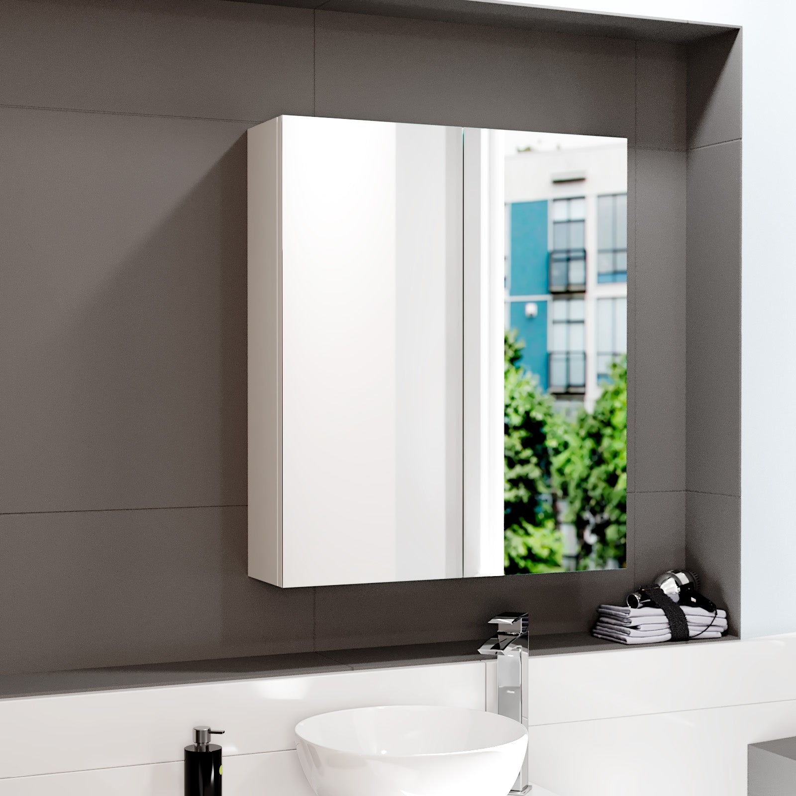 McCann 600 mm 2 Door Mirror Cabinet White Bathroom Wall Mounted Cupboard