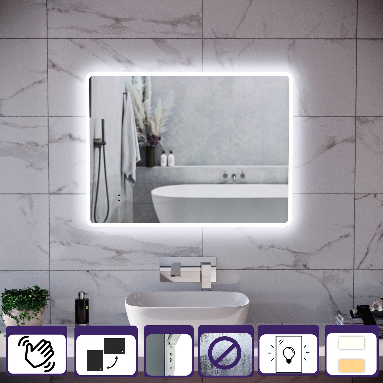 Motion Sensor Bathroom LED Mirror Shaver Socket Demister 600 x 800mm