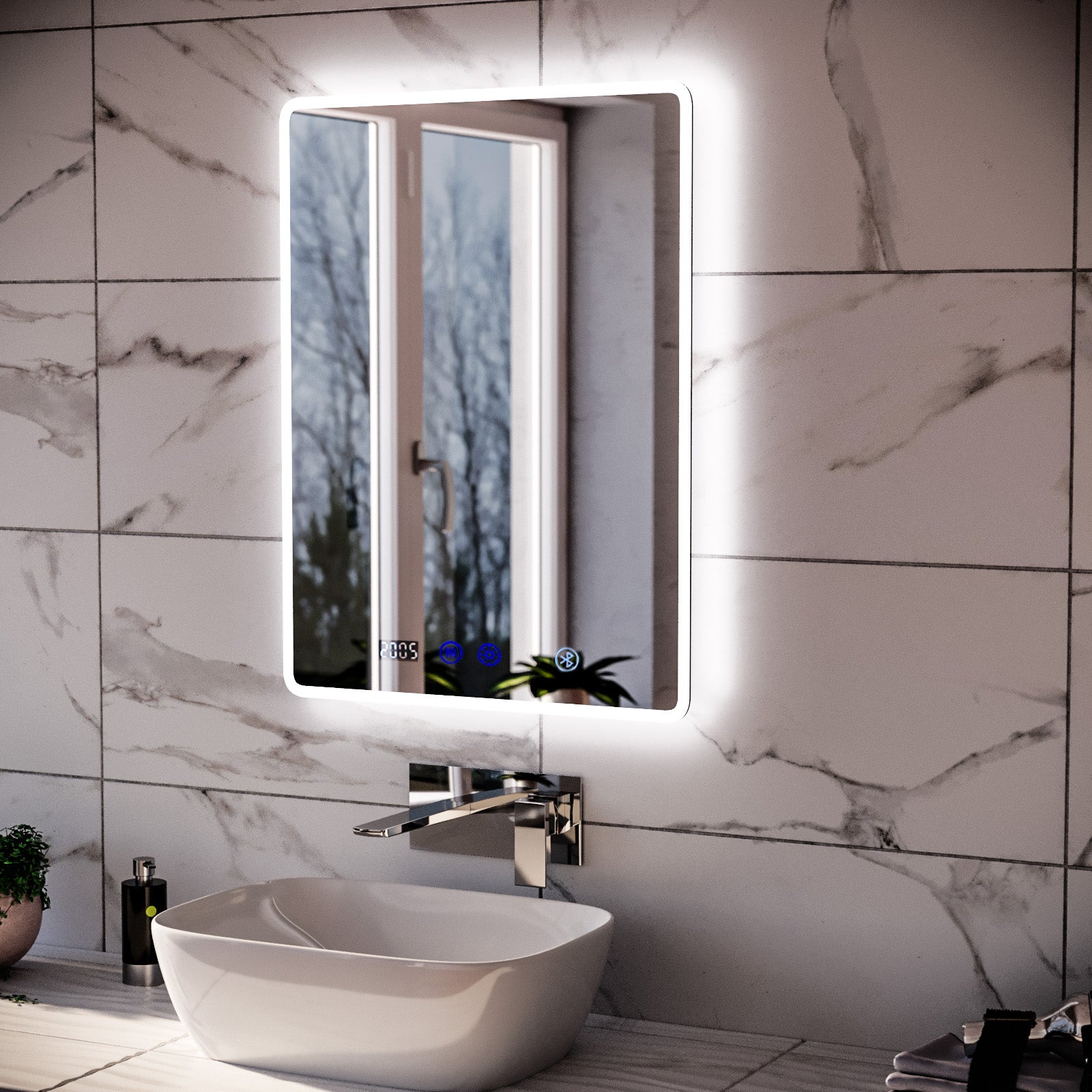 Touch Sensitive Bathroom LED Mirror Bluetooth With Clock 500 x 700mm