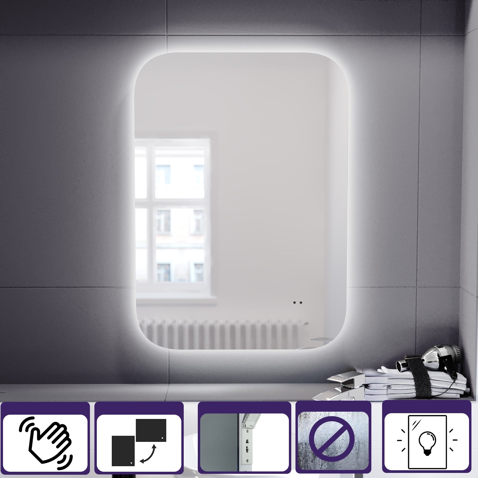 Motion Sensor Bathroom LED Mirror Shaver Socket Demister 500 x 700mm