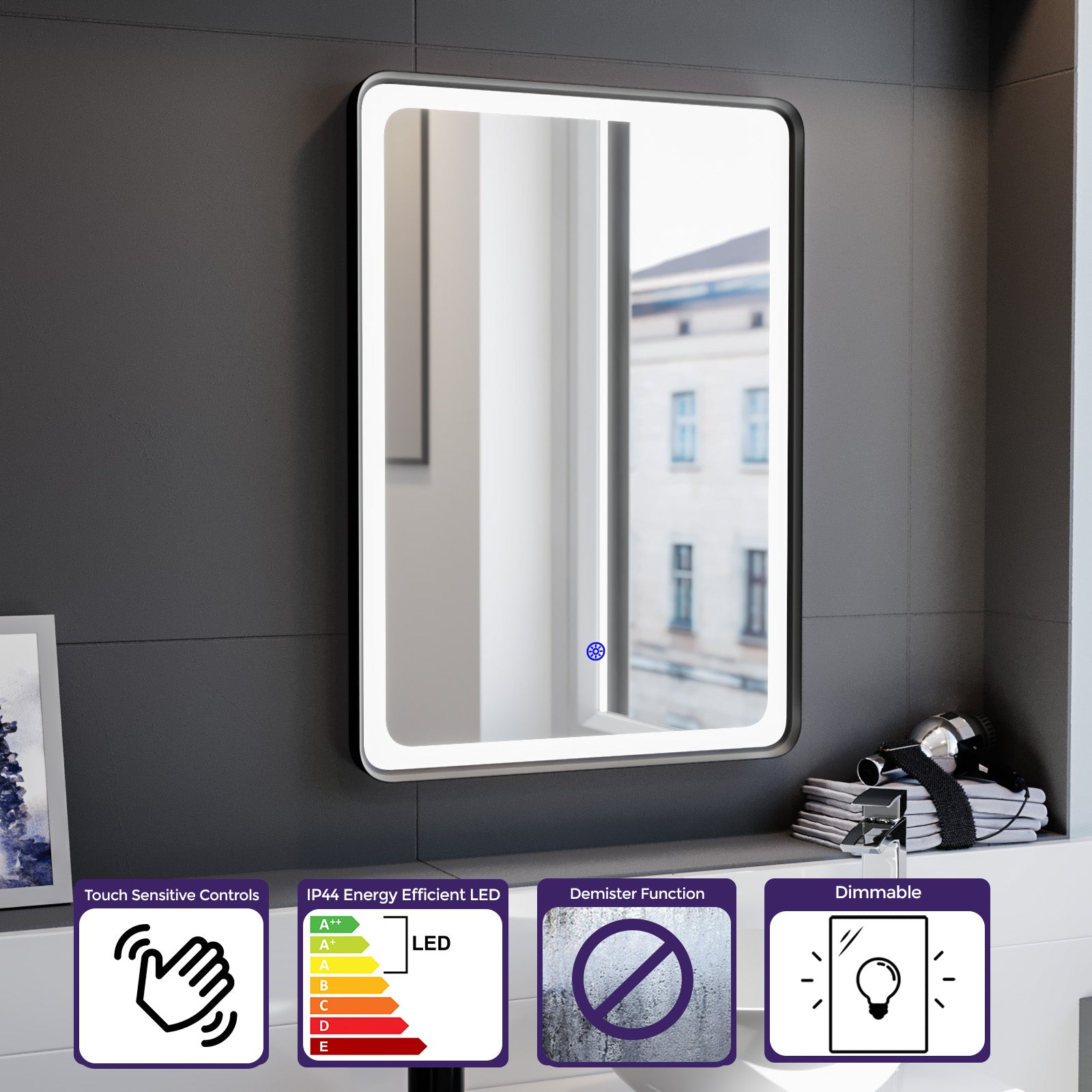 Herley Touch Sensor Bathroom LED Mirror Demister 500x700mm Matte Black