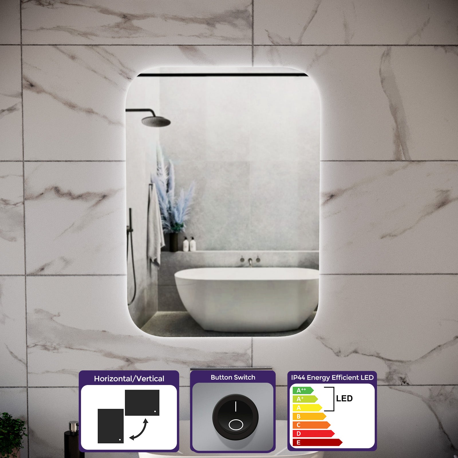 Bathroom LED Mirror With Battery Powered Button Switch 500 x 700mm