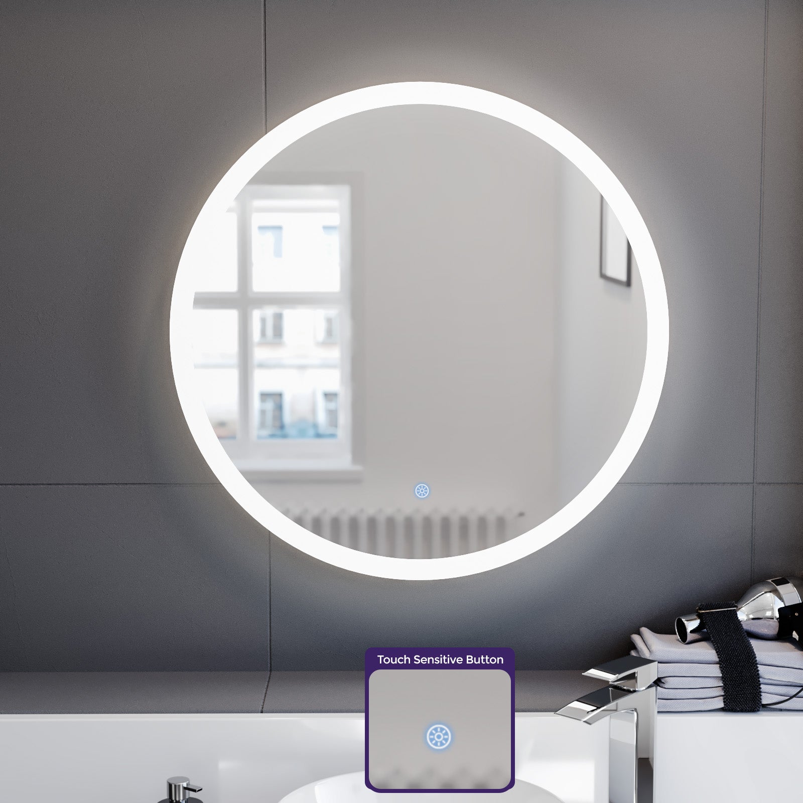 Nes Home Modern Round Bathroom LED Mirror with Battery Powered Touch 600mm