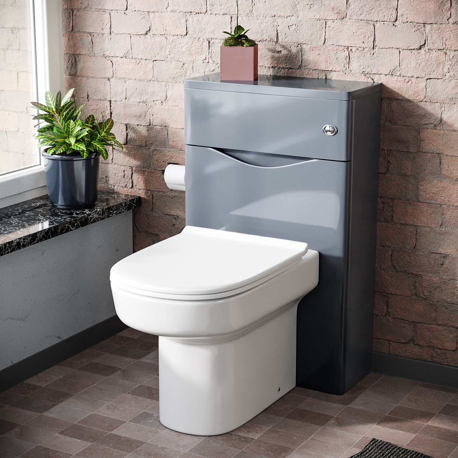 Merton Modern Grey 500mm WC Unit and BTW Back To Wall Toilet Pan Soft Close Seat