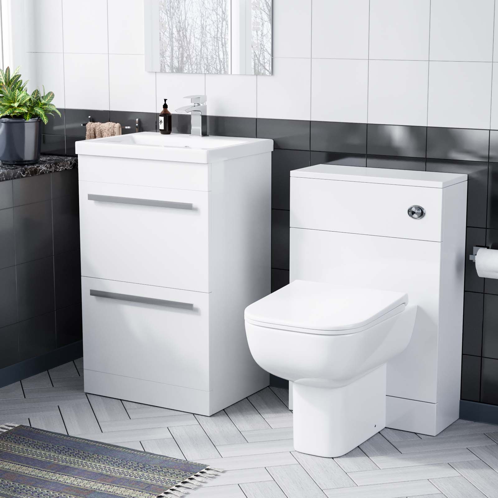 Nanuya White 1000 mm Basin 2 Drawer Vanity Cabinet and WC Toilet Pan Combo Suite