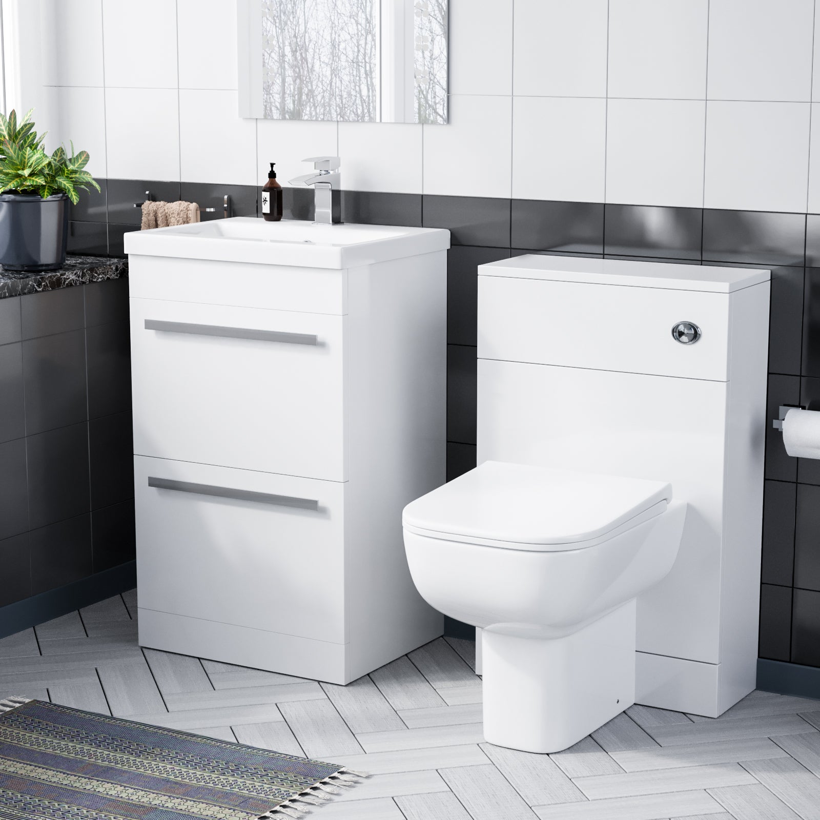 Nanuya White 1000 mm Basin 2 Drawer Vanity Cabinet and WC Toilet Pan Combo Suite