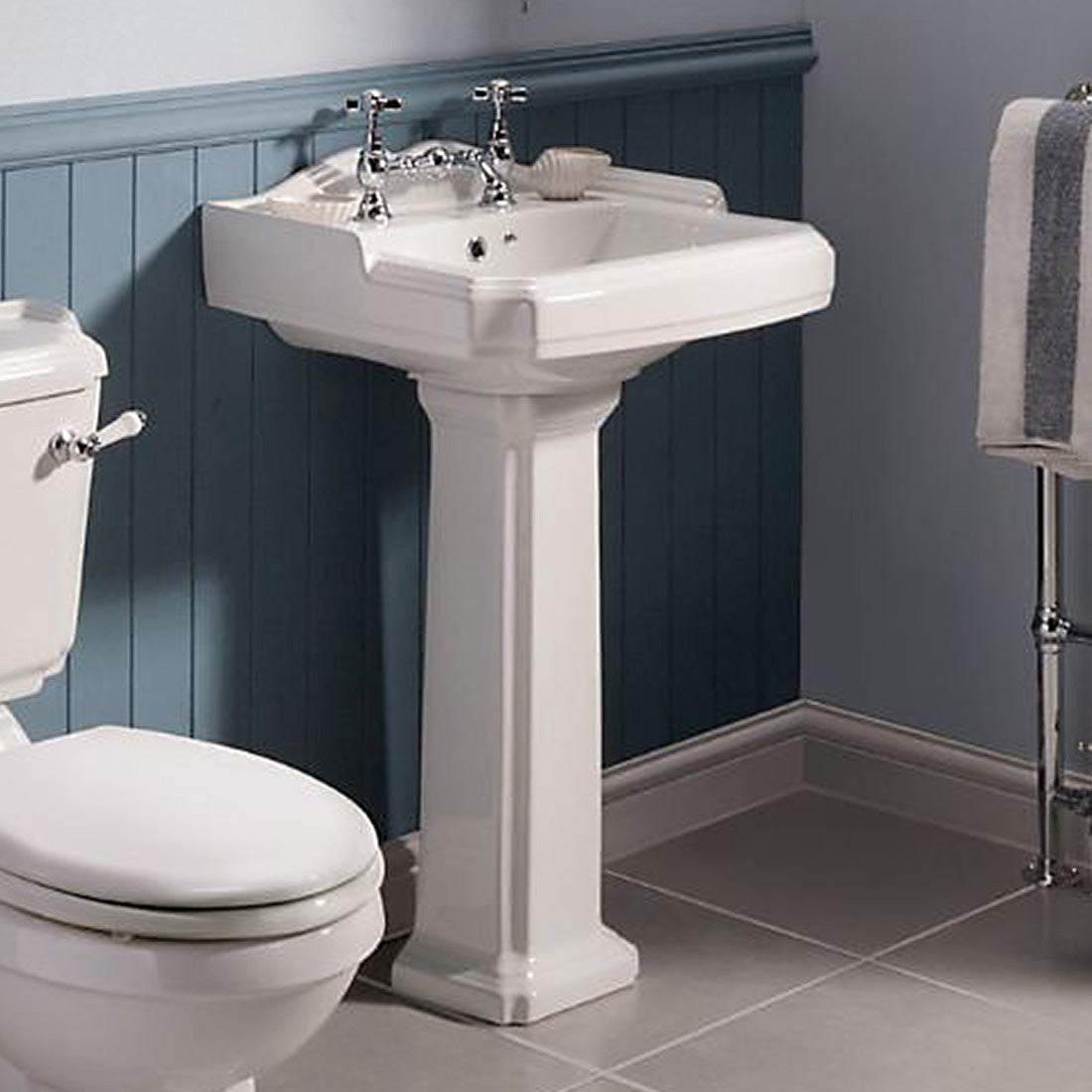 Legend 590mm Basin & Pedestal Full Traditional White with 2 Tap holes