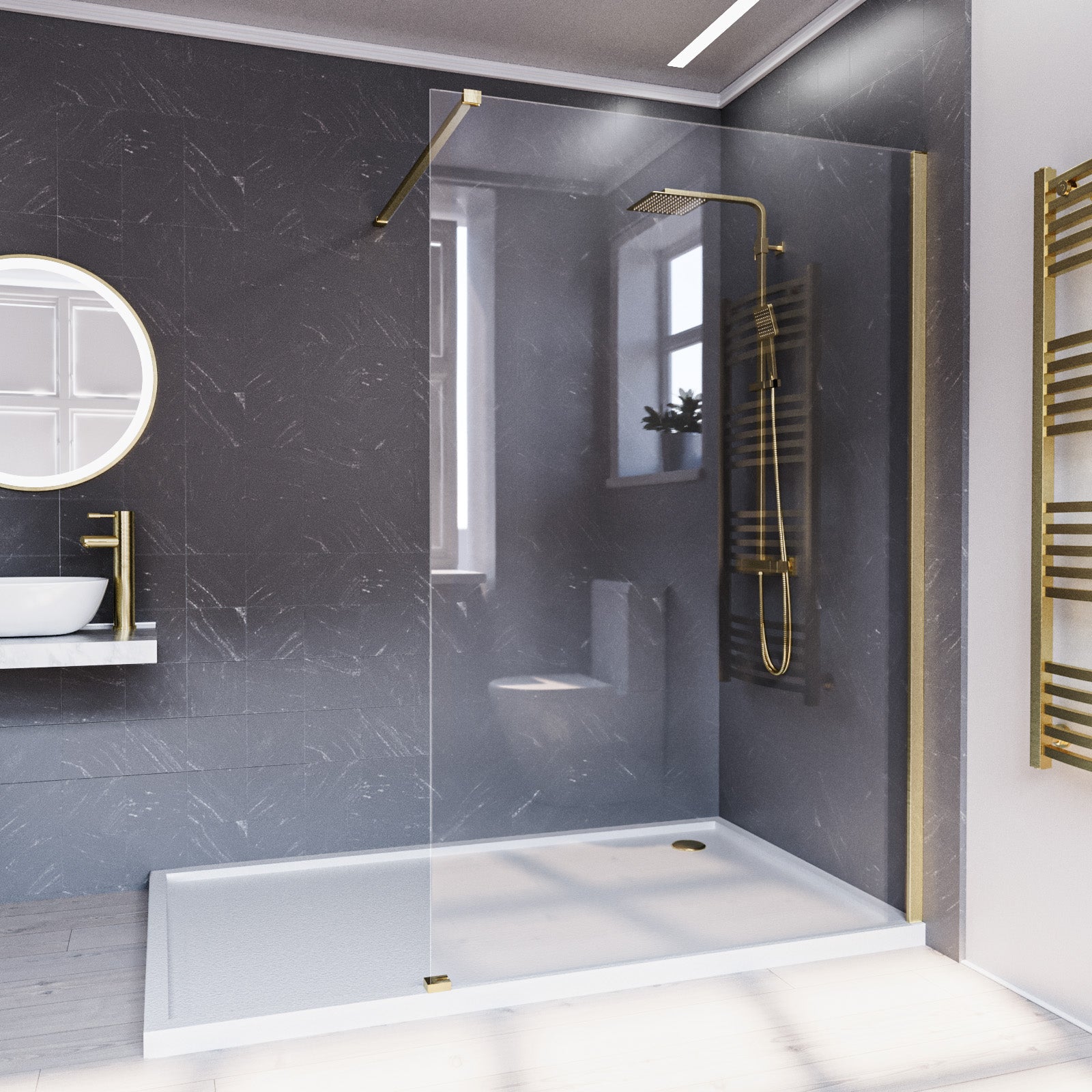 Brushed Brass 1200mm Wet Room Screen & Support Bar