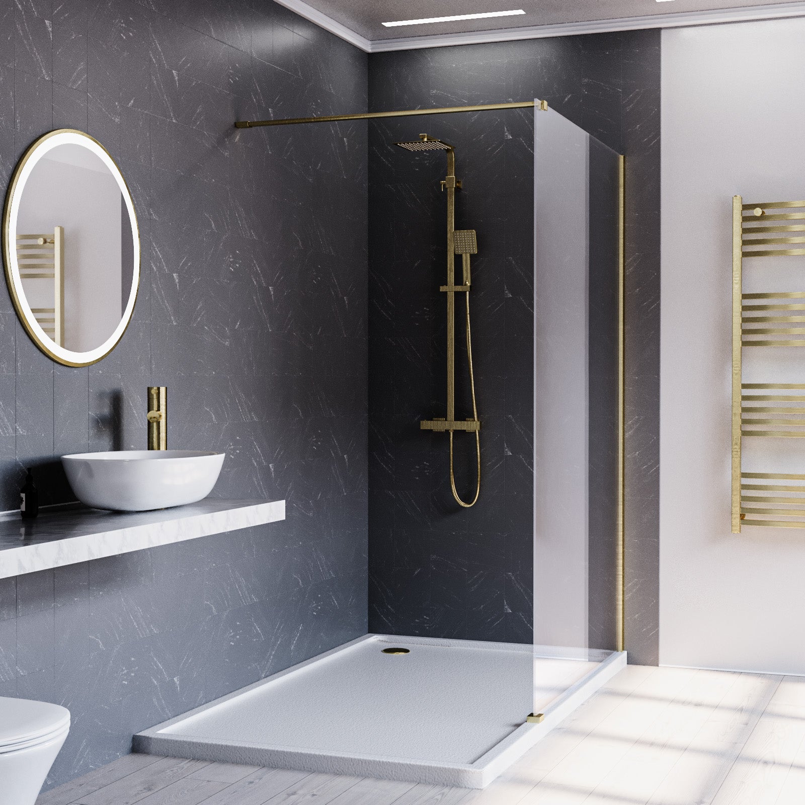 Brushed Brass 1200mm Wet Room Screen & Support Bar