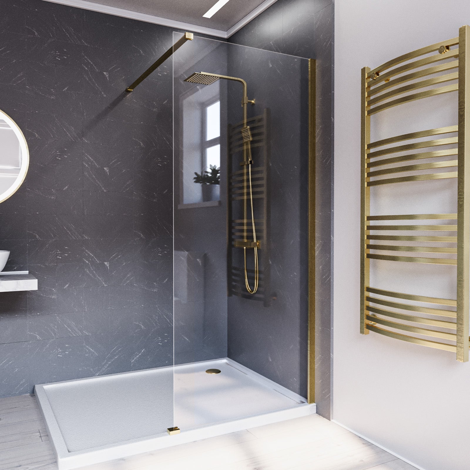 Brushed Brass 700mm Wet Room Screen & Support Bar