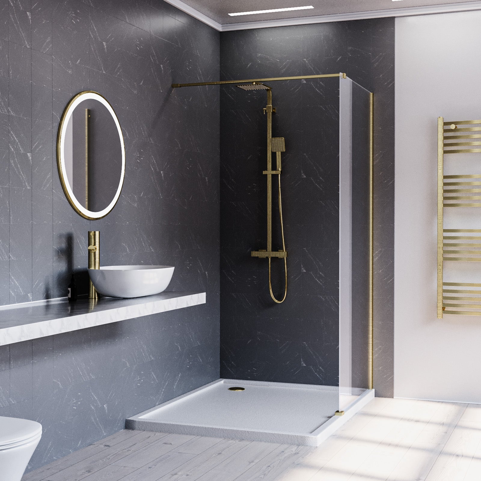 Brushed Brass 700mm Wet Room Screen & Support Bar