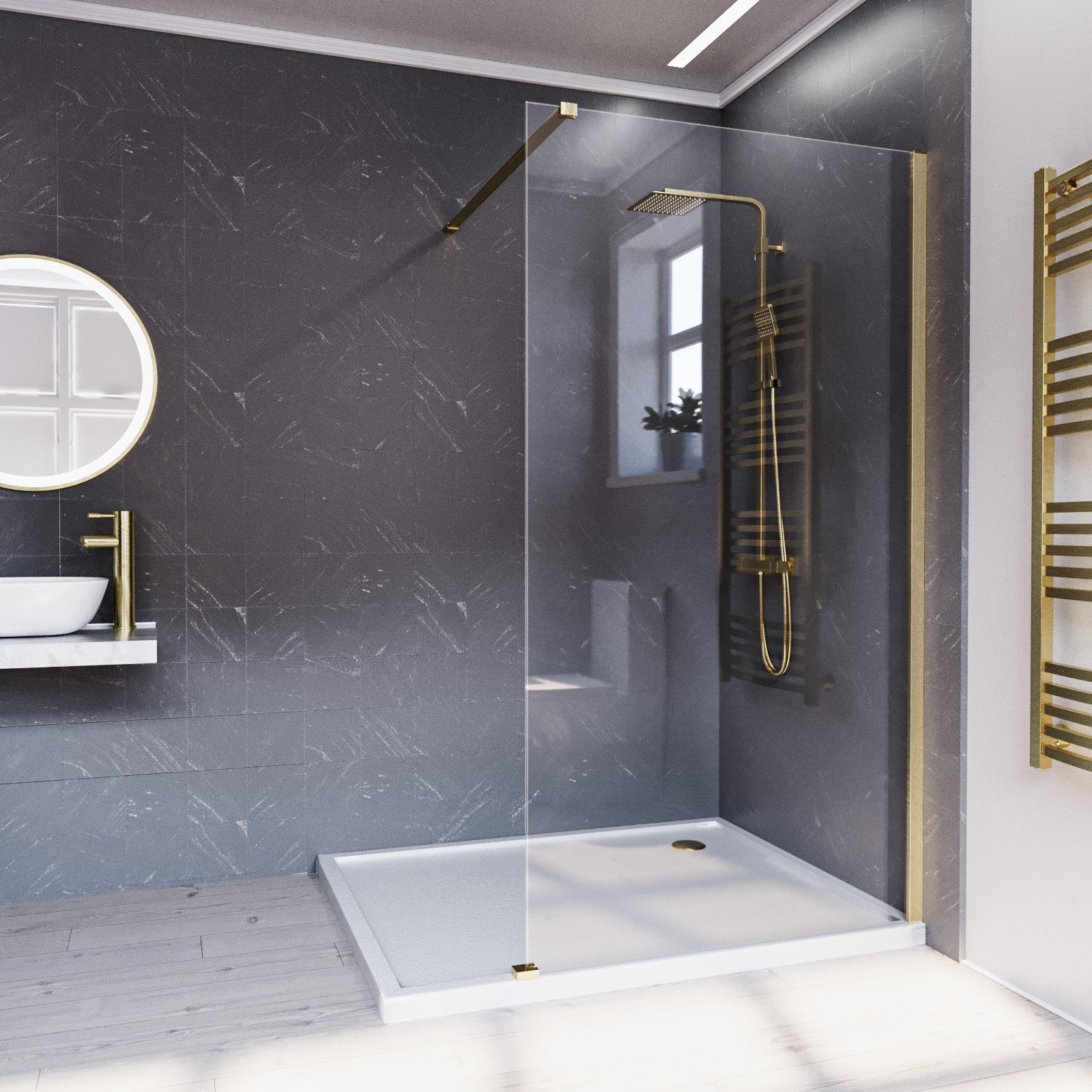 Brushed Brass 900mm Wet Room Screen & Support Bar