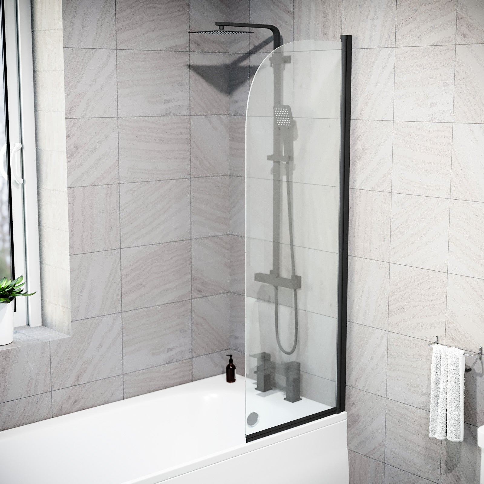 Hinged 400 x 1400mm Bathtub Screen, 5mm Tempered Glass - Matte Black