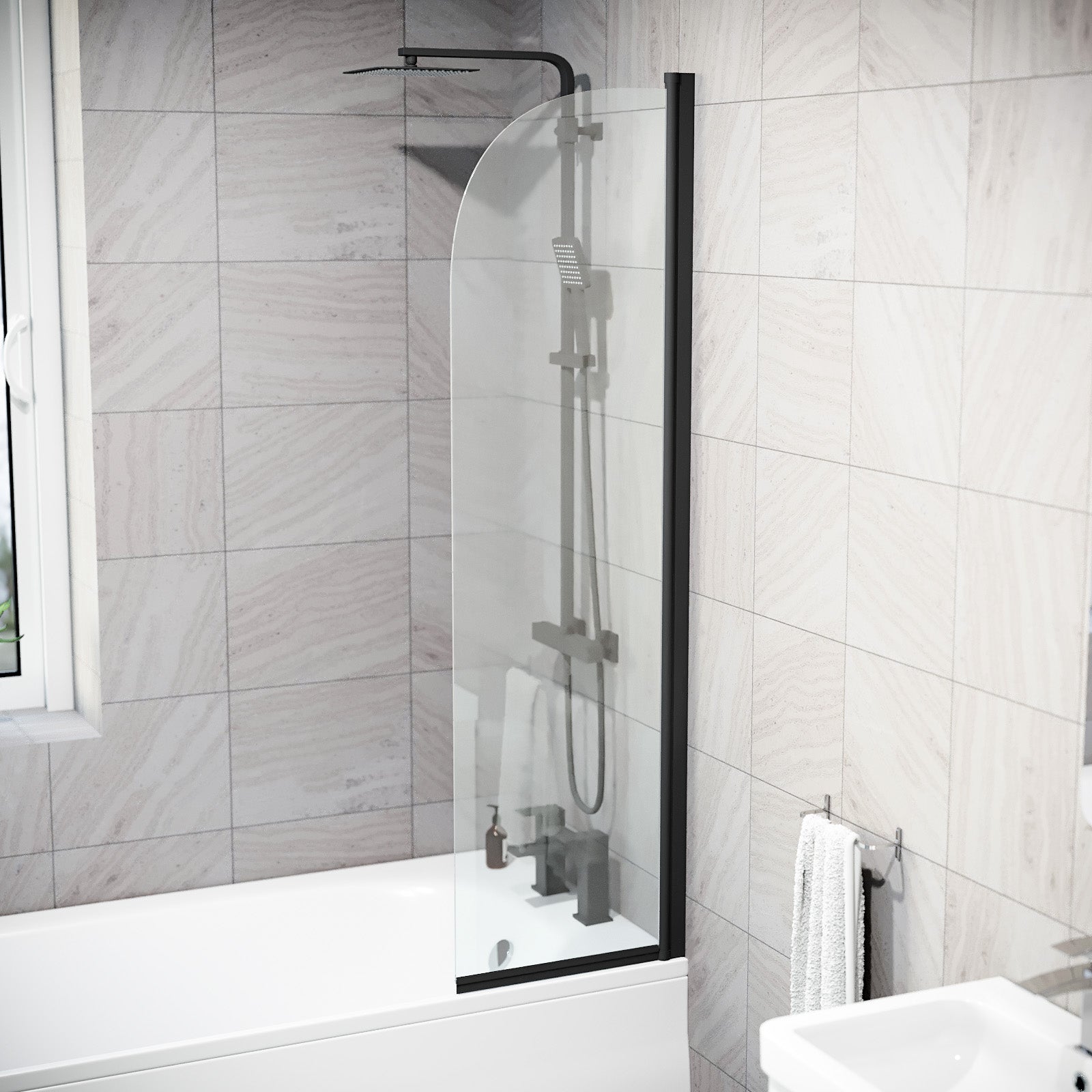 Hinged 400 x 1400mm Bathtub Screen, 5mm Tempered Glass - Matte Black